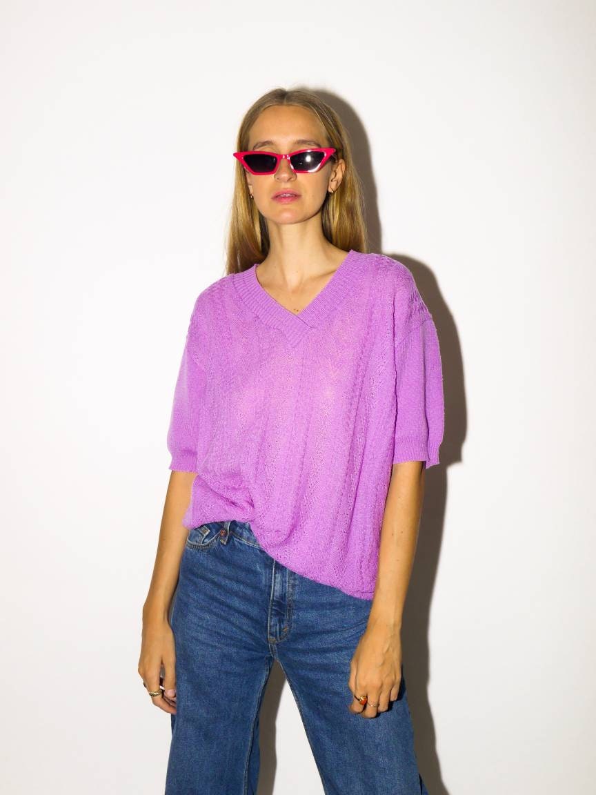 VINTAGE sweater from 1980s with short sleeves | retro lilac, purple sweater | v-neck knitted blouse | oversize | modopol