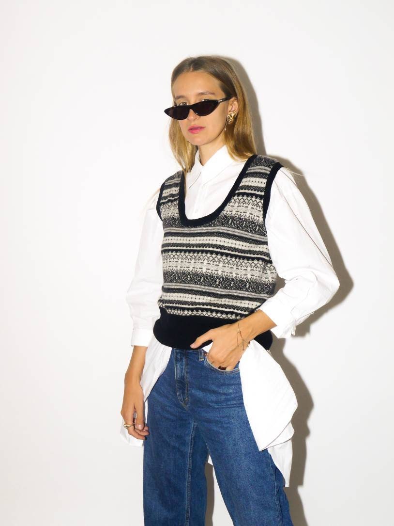 VINTAGE wool, silk & cashmere vest | pullover vest in black and white sweater pattern | oversize | knitted vest | cashmere vest | modopol
