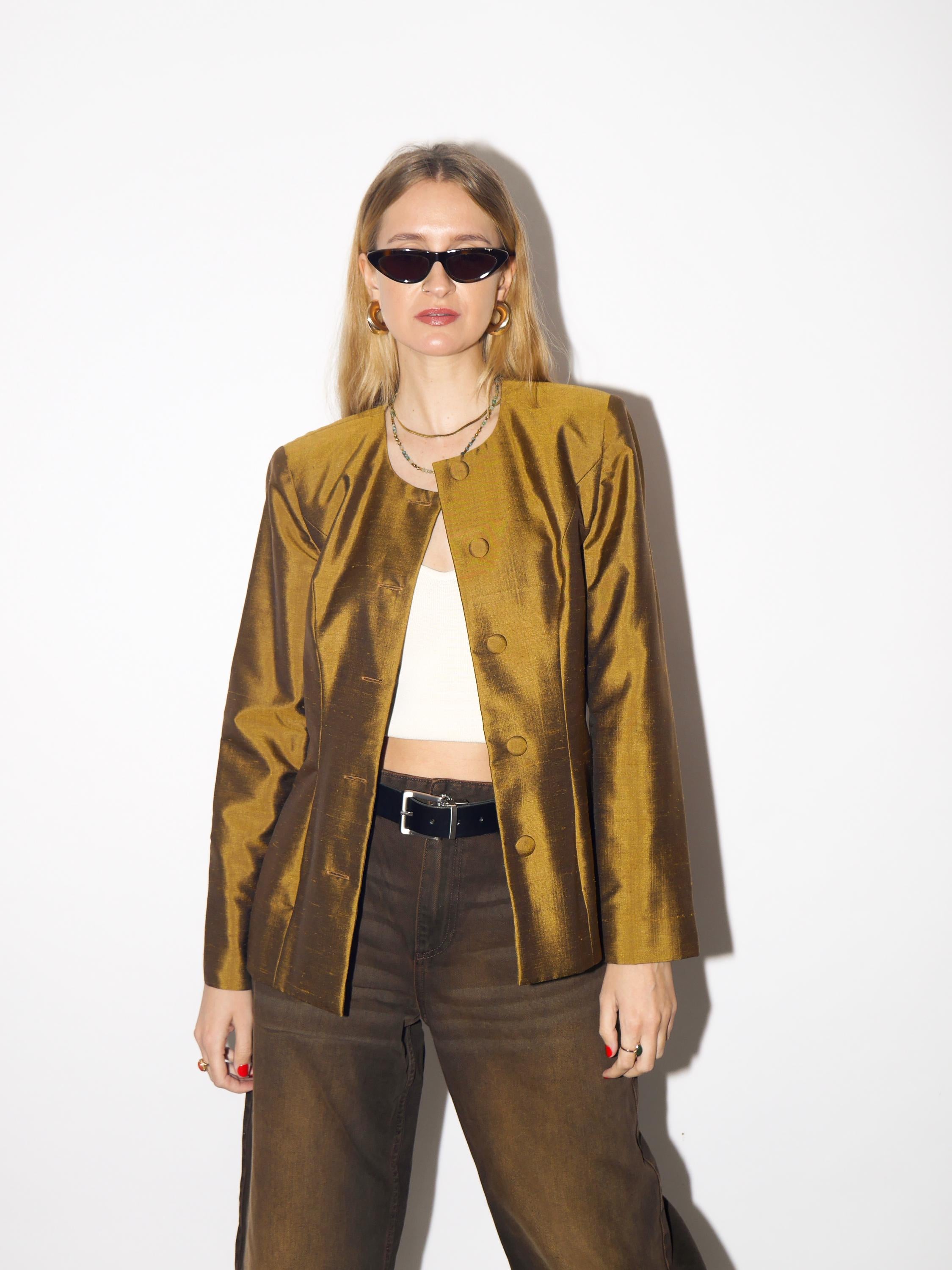 VINTAGE silk blazer in dark gold and olive color, fitted silk blazer from 1980s