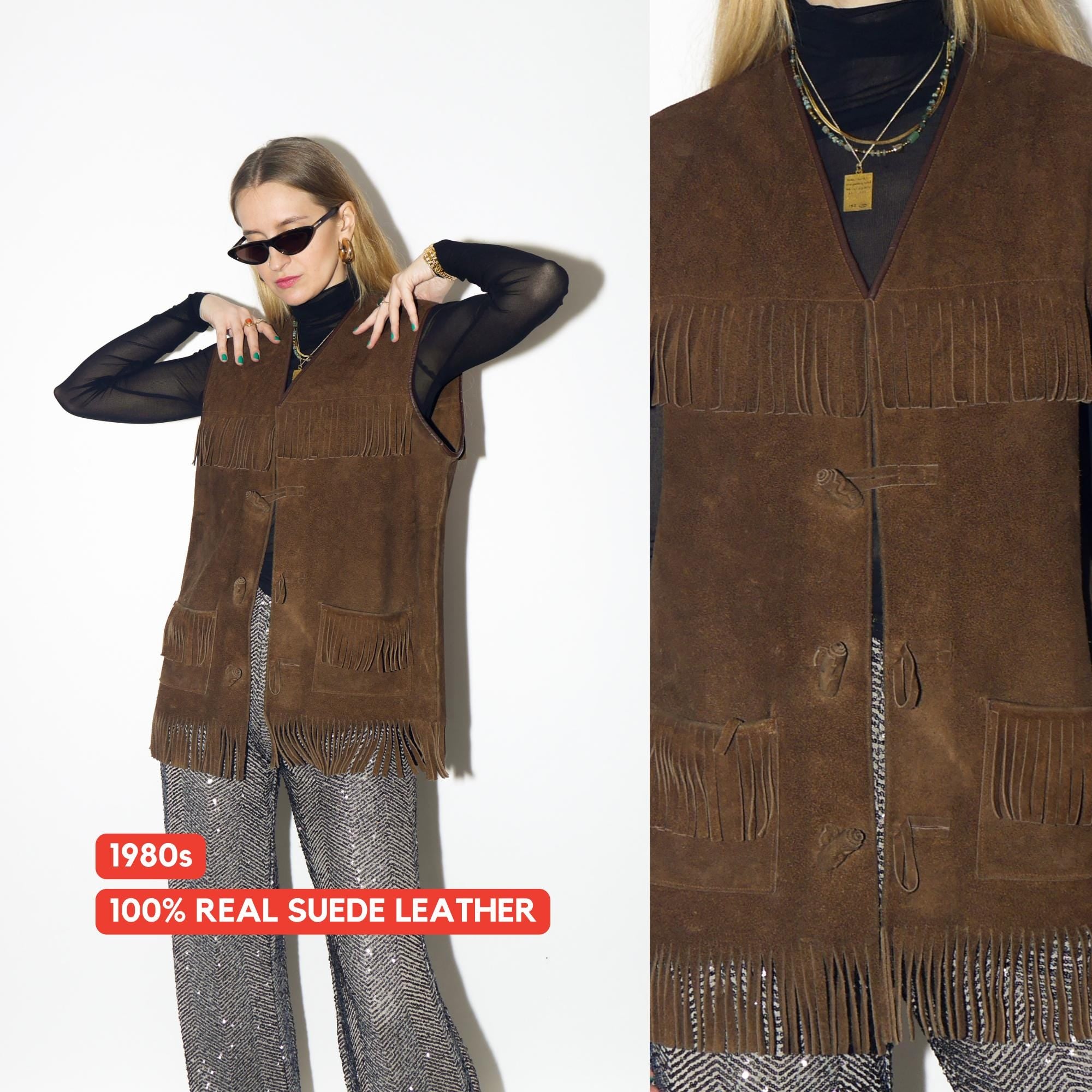 VINTAGE brown suede vest from 1980s | oversize vintage fringe suede waistcoat