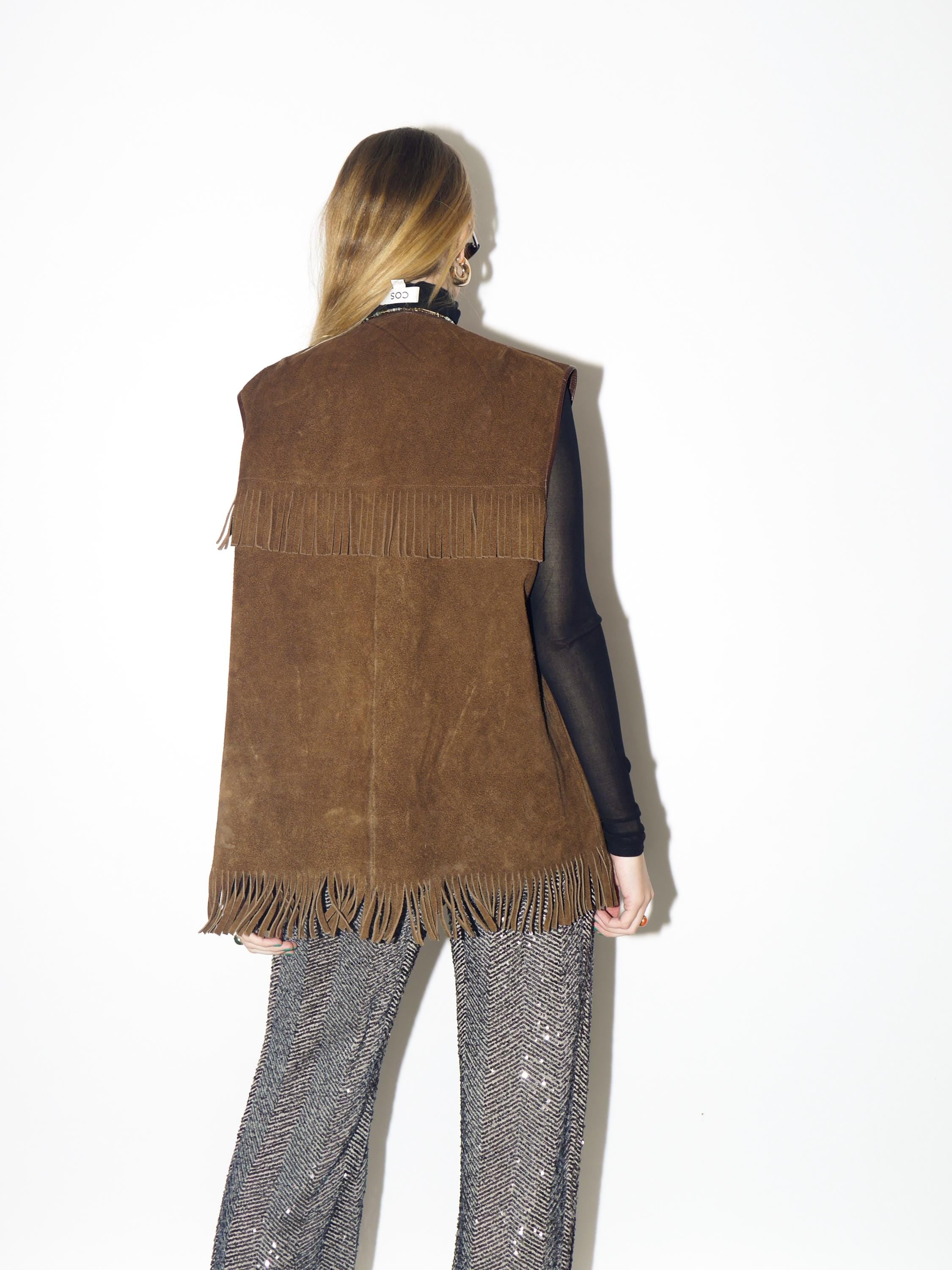 VINTAGE brown suede vest from 1980s | oversize vintage fringe suede waistcoat