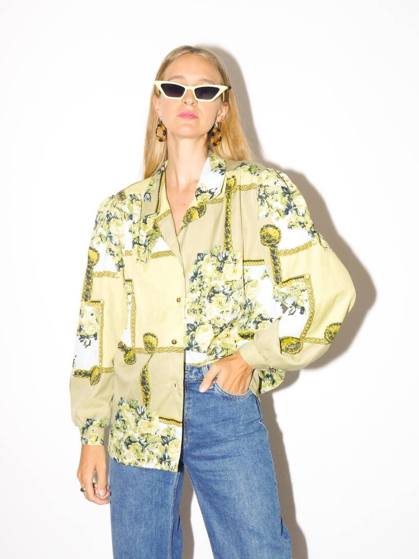 VINTAGE shirt from 1980s in green with chain and floral pattern | feminine soft retro blouse | oversize retro blouse from XS to XL | modopol
