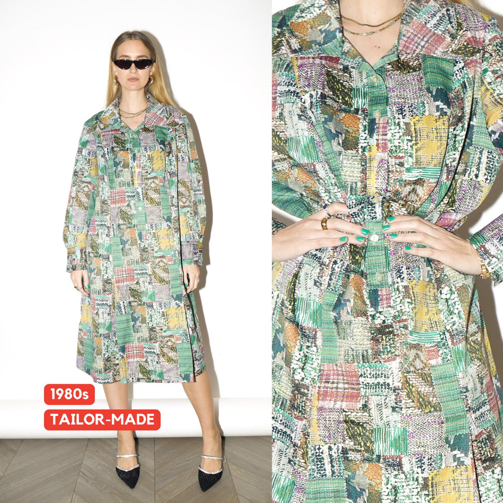 VINTAGE Green Midi Dress from 1980s | Oversized Retro Dress with Collar