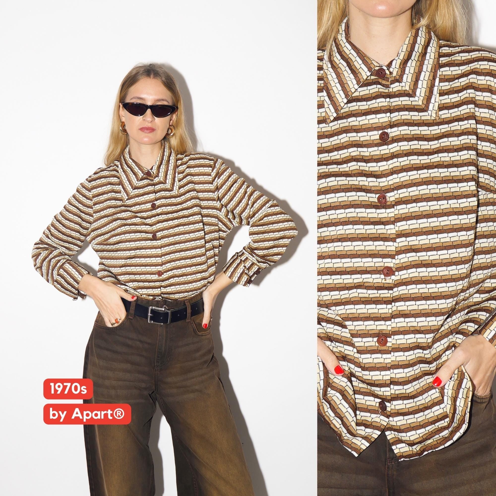 VINTAGE blouse from 1970s with statement collar in beige brown stripes by Apart®