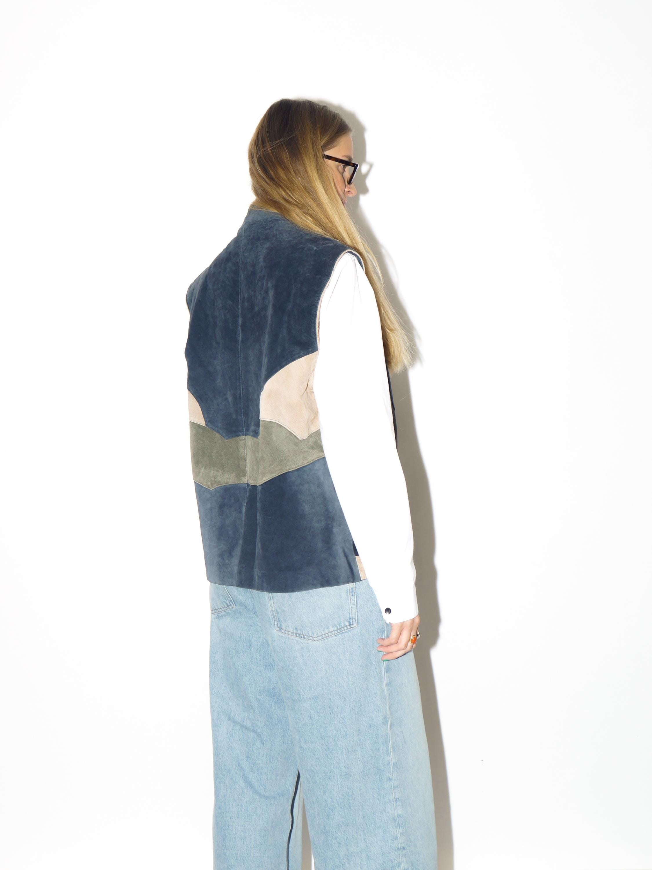 VINTAGE suede Bavarian vest from 1980s | leather Tyrol navy, cream waistcoat