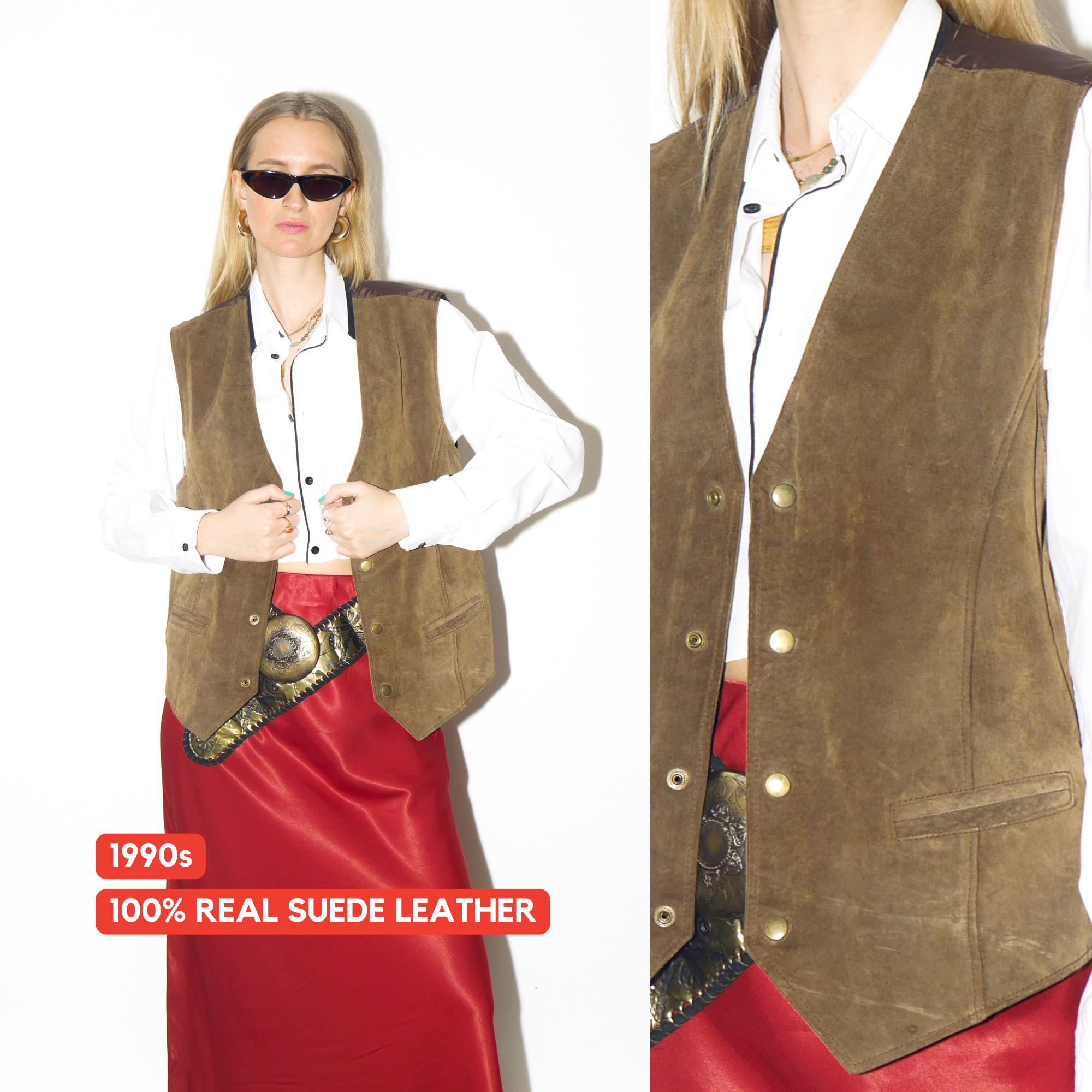 VINTAGE bronze suede vest from 1990s in light brown leather in oversize fit