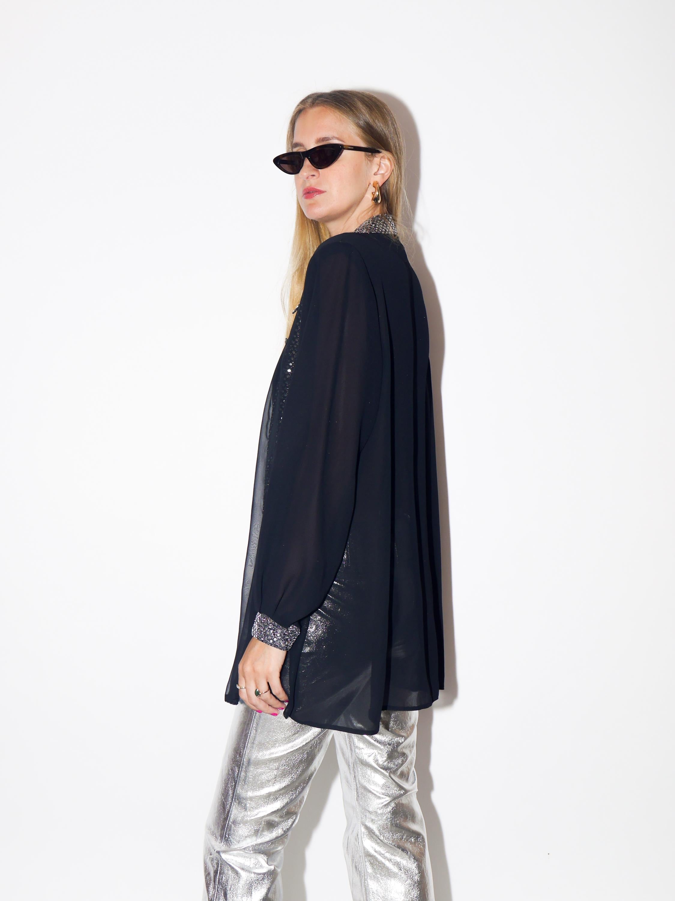 VINTAGE Oversized Black Sheer Shirt Blouse With Sequin Silver Vest From The 1980s By Catherine