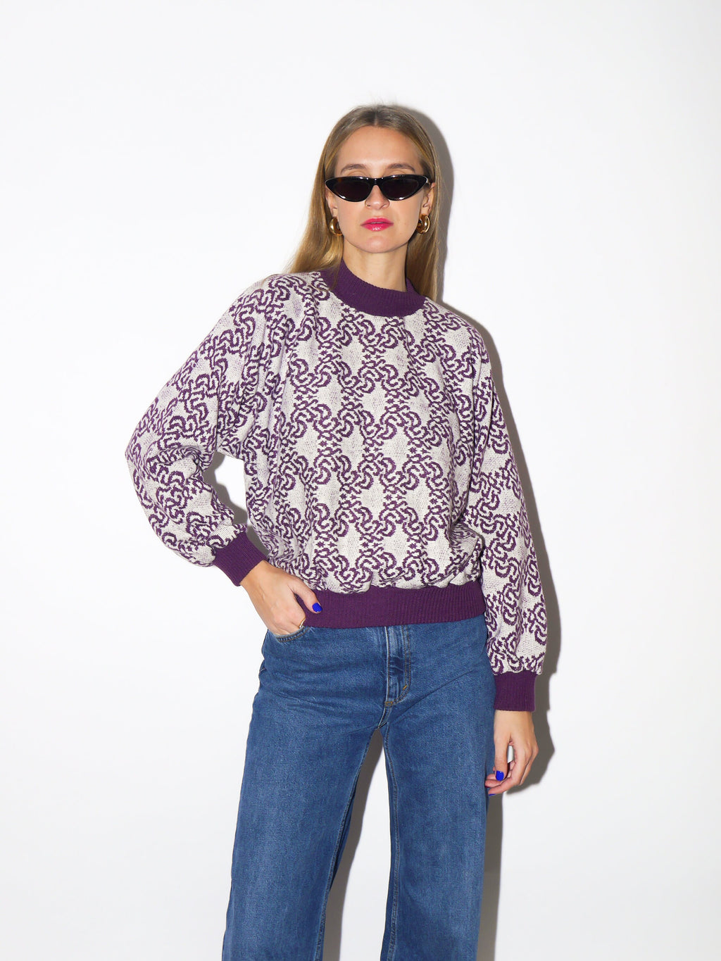 VINTAGE Italian sweater 1980s | purple and white pattern pullover sweater | vintage warm pullover knitwear | retro sweater
