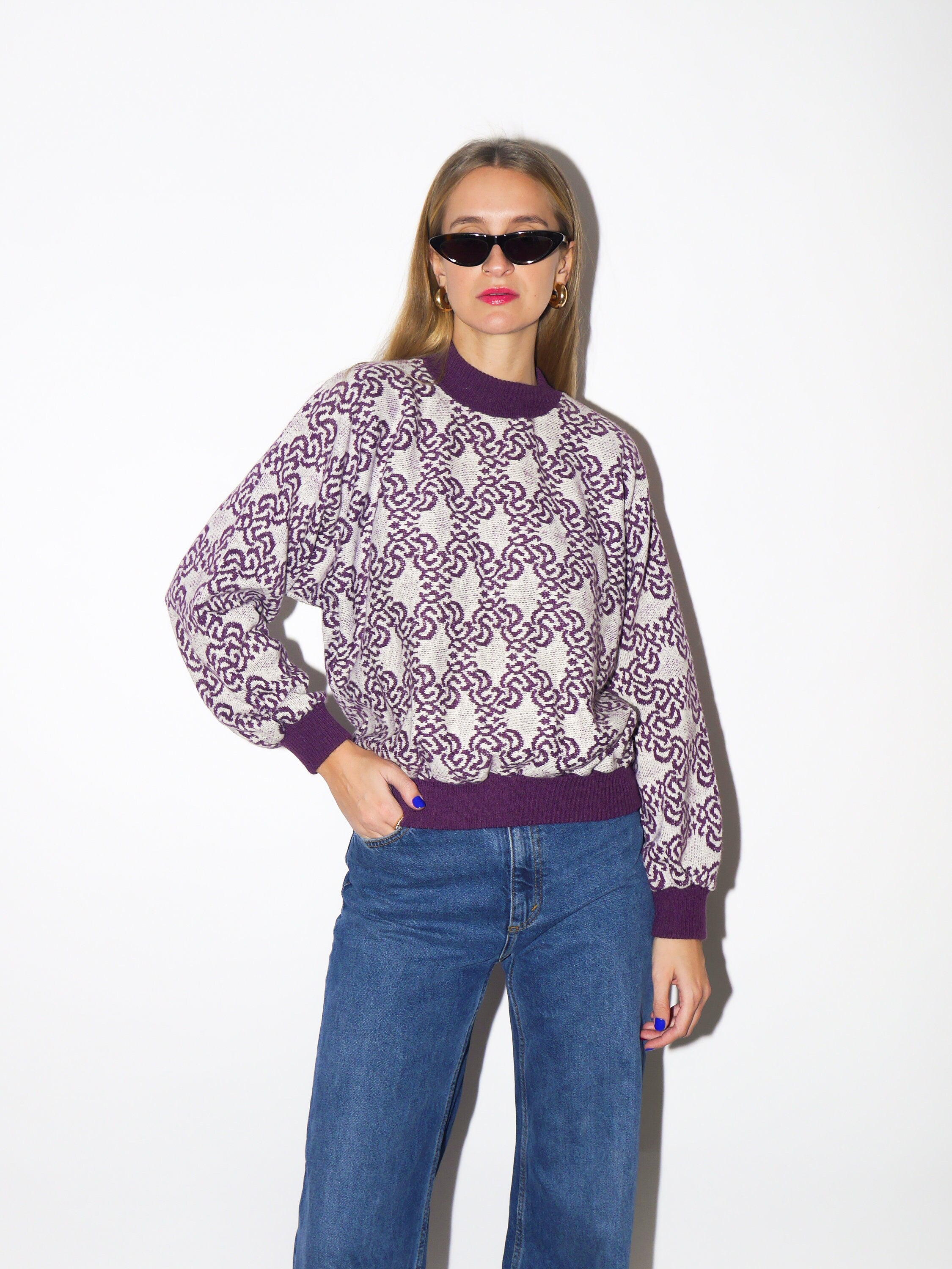 VINTAGE Italian sweater 1980s | purple and white pattern pullover sweater | vintage warm pullover knitwear | retro sweater