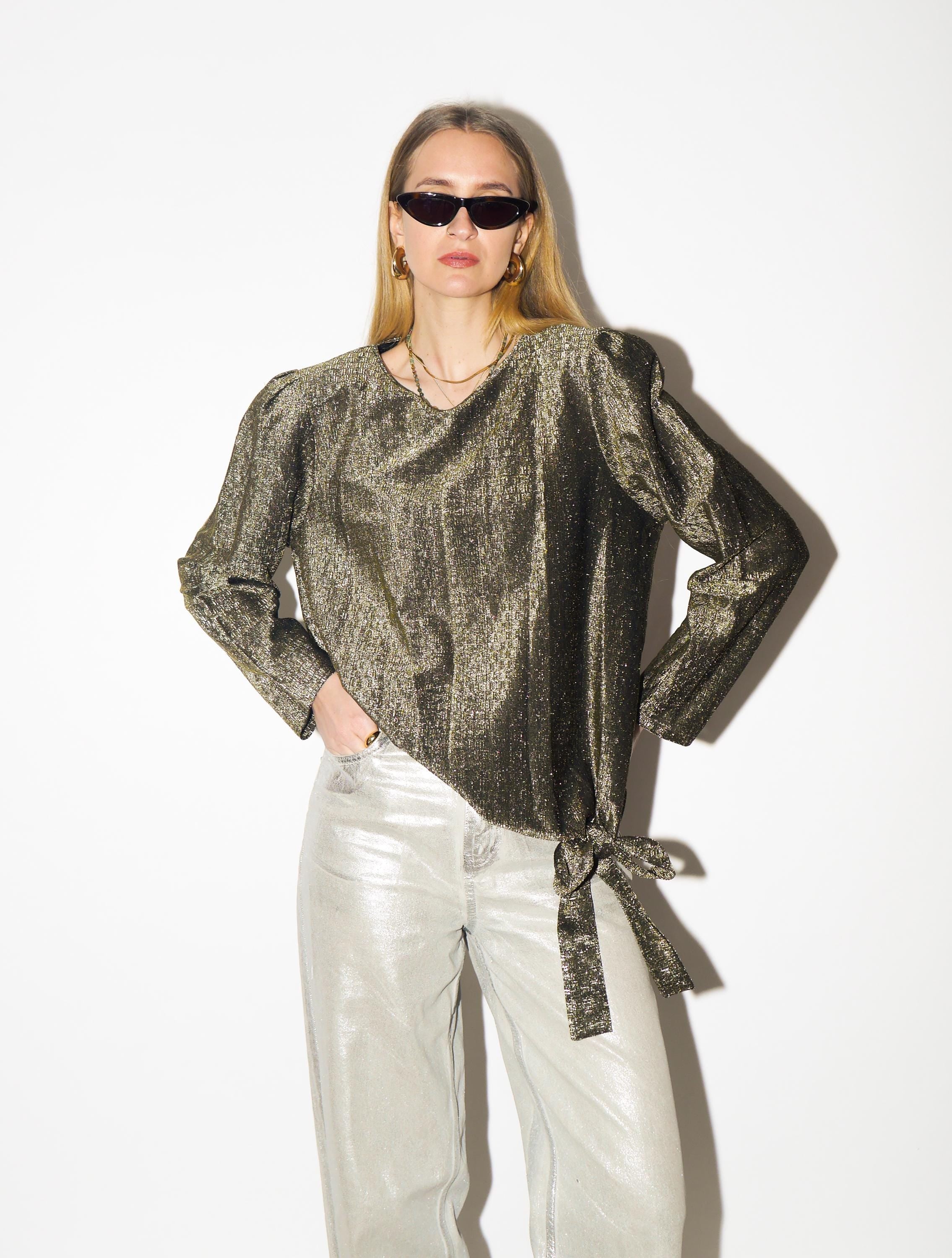 VINTAGE Gold Metallic Blouse from 1980s | Bow Detail & Big Shoulder Pads Blouse