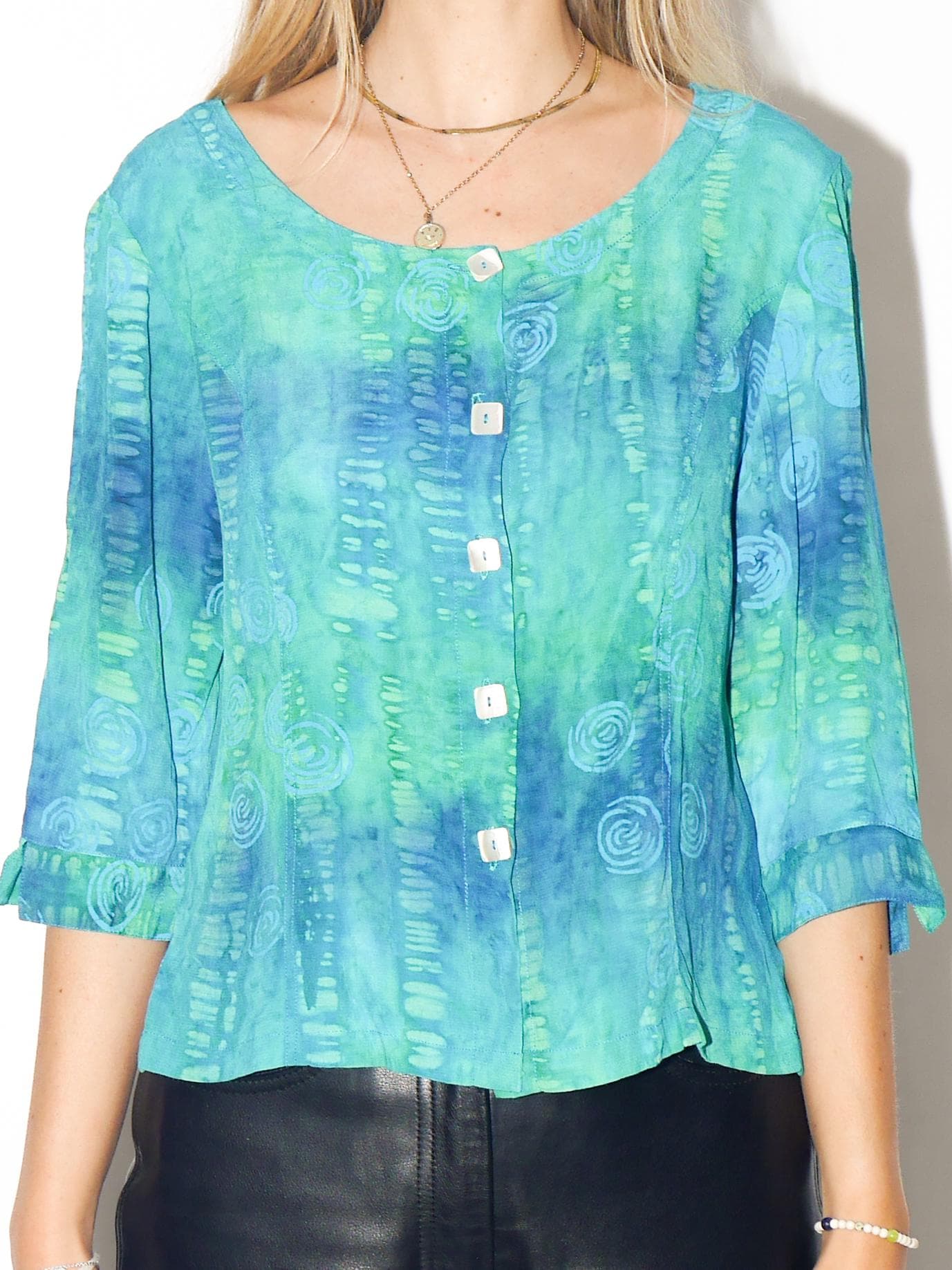 VINTAGE Green And Blue Tie‑Dye Viscose Blouse With Opalised Buttons From The 1980s By Unikat