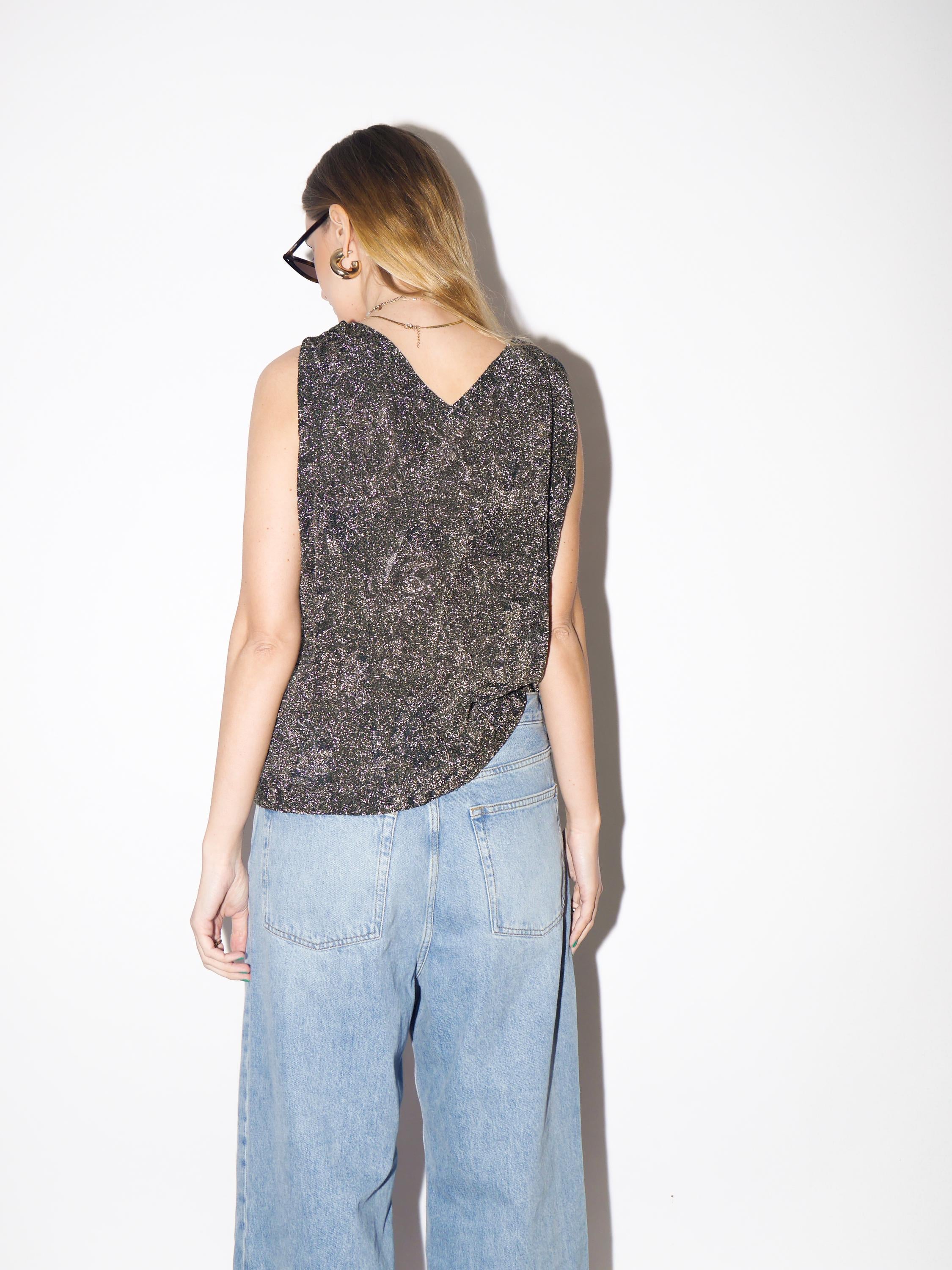VINTAGE Metallic Glittery Sleeveless Top from 1980s | Retro Gold Silver Blouse