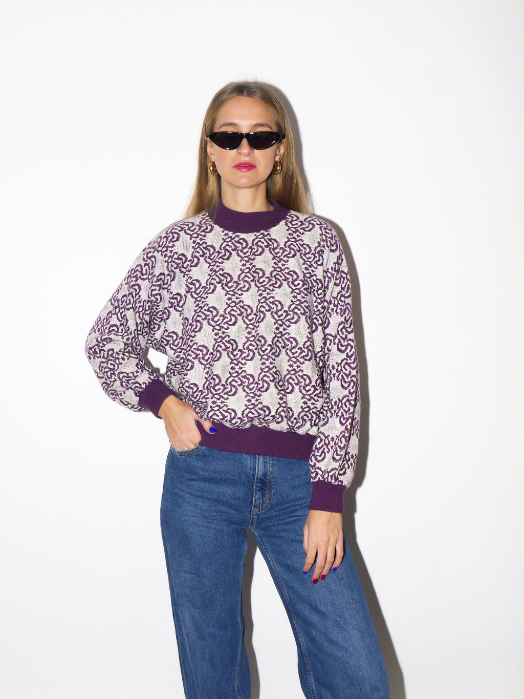 VINTAGE Italian sweater 1980s | purple and white pattern pullover sweater | vintage warm pullover knitwear | retro sweater