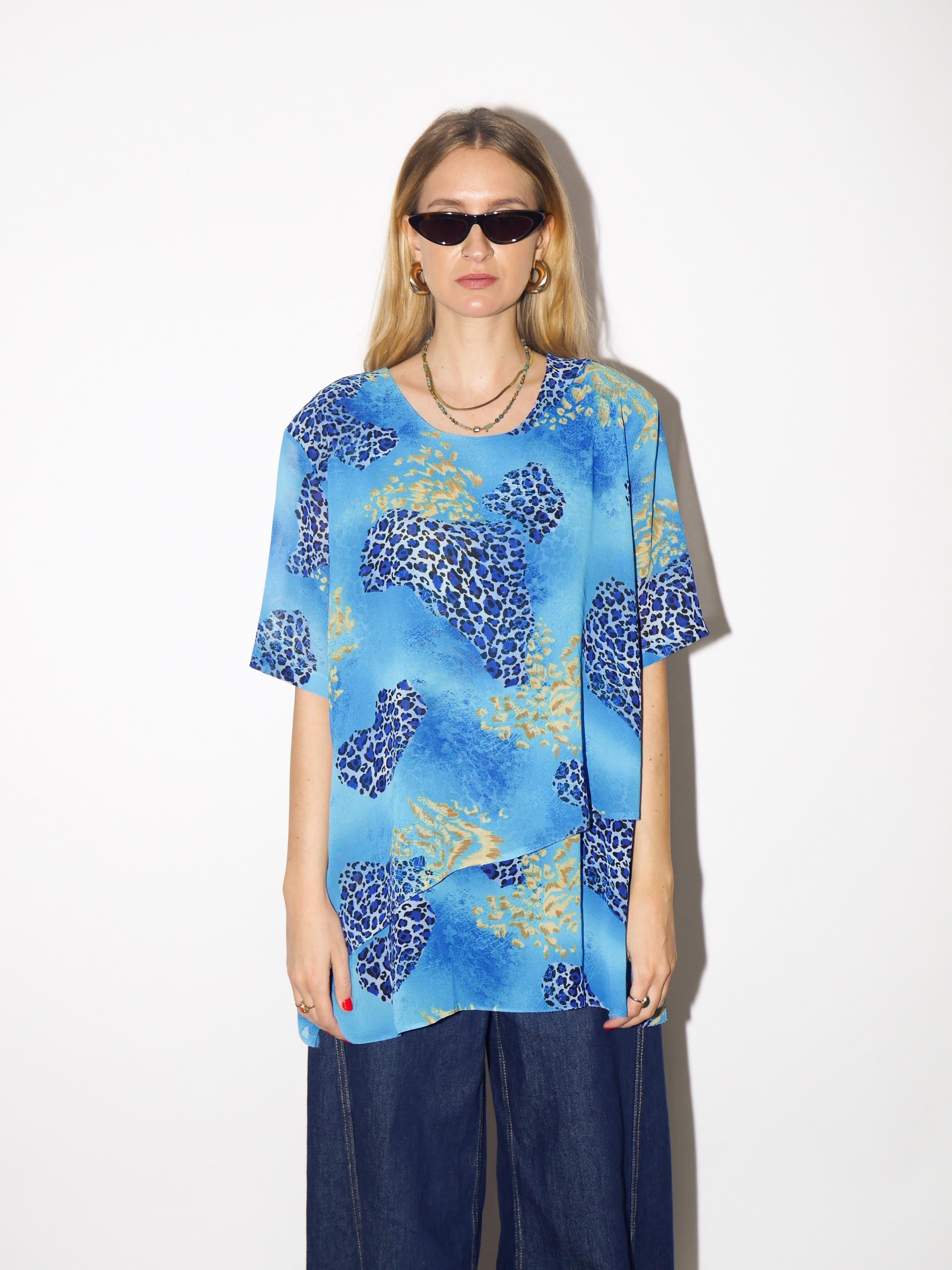 VINTAGE blue cheetah blouse, sheer oversized animal print blouse from 1980s