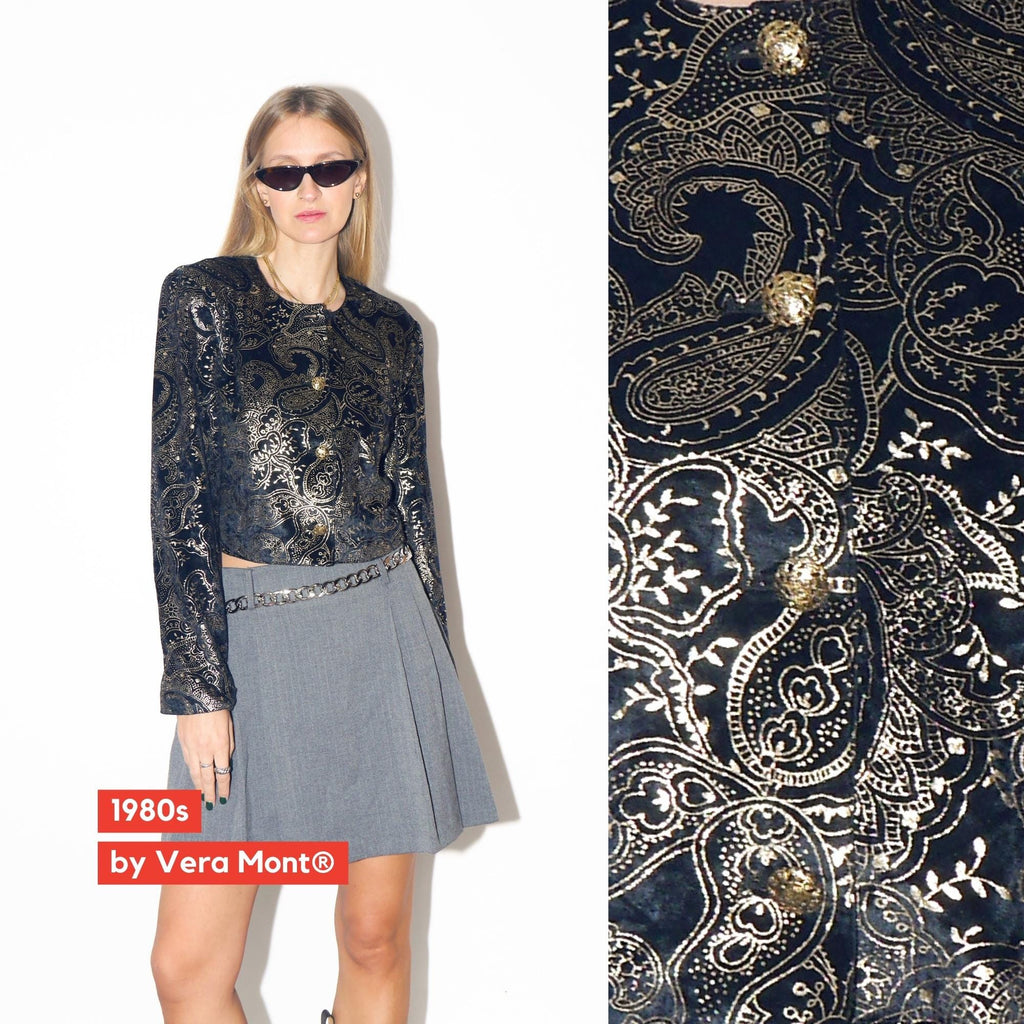 VINTAGE Black Velvet Cropped Blazer With Gold Metallic Pattern And Shoulder Pads From The 1980s By Vera Mont