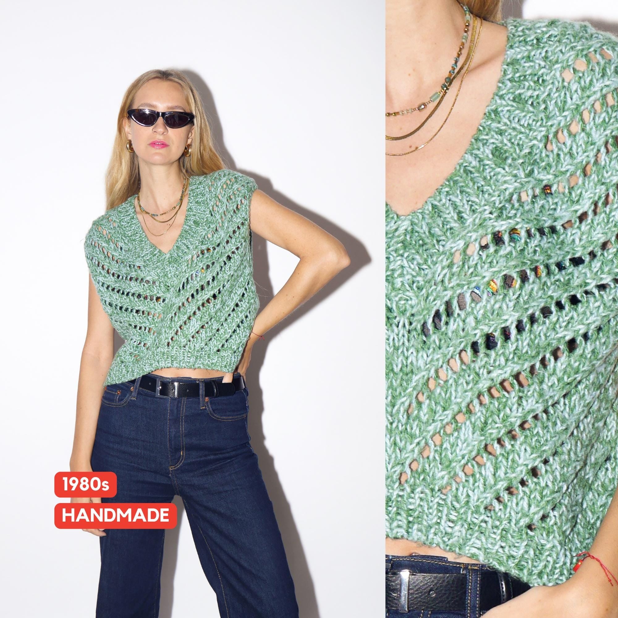 VINTAGE knit vest from 1980s | handmade cropped green knitted vest with openwork