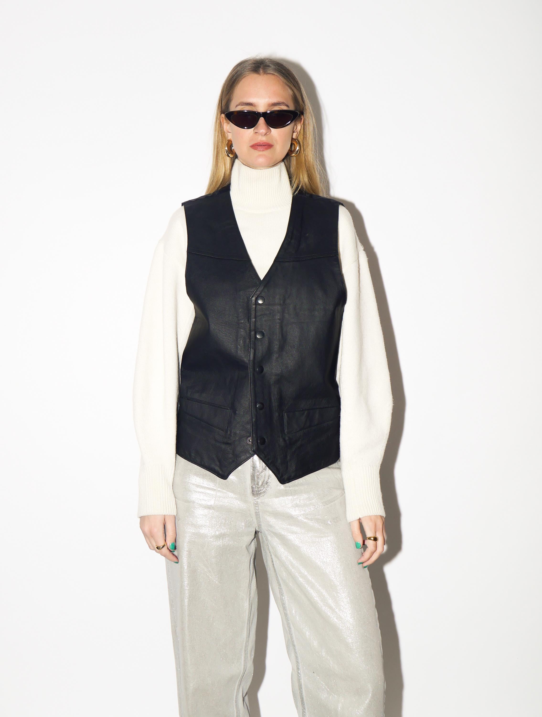 VINTAGE Black Leather Vest from 1980s | Premium Vintage Leather Waistcoat