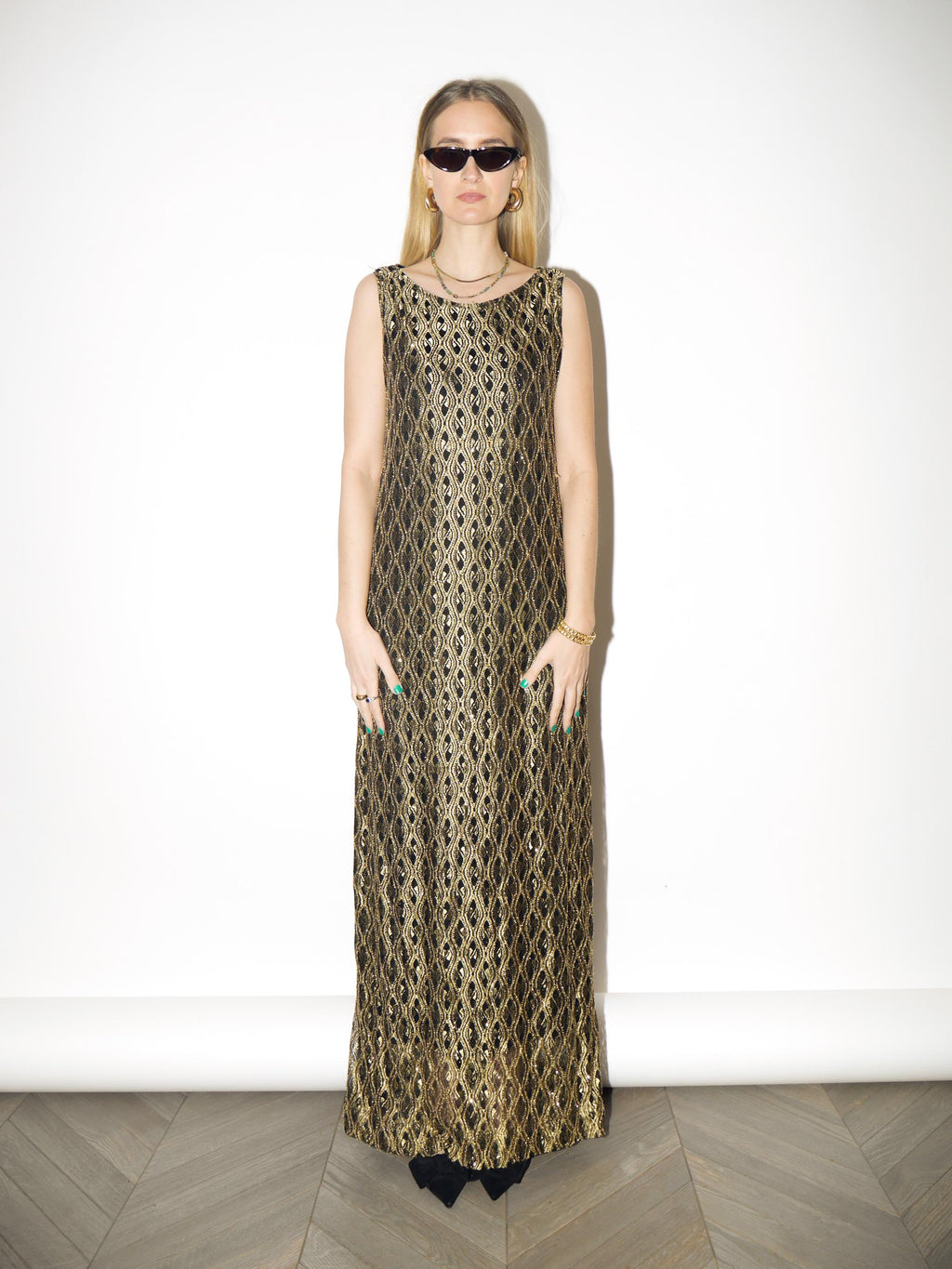 VINTAGE Gold Glittery Maxi Dress from 1980s | Sleeveless Long Evening Dress