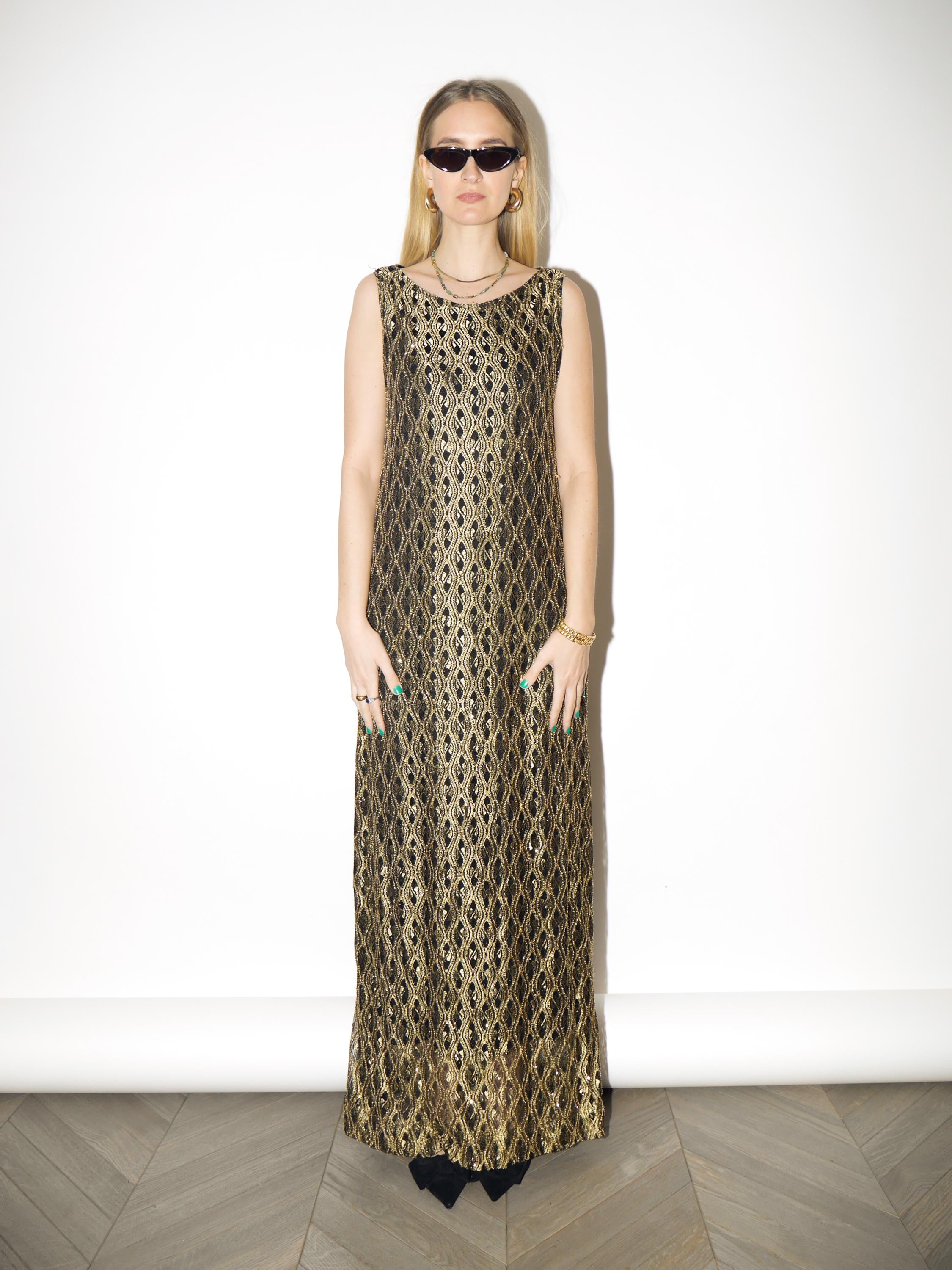 VINTAGE Gold Glittery Maxi Dress from 1980s | Sleeveless Long Evening Dress