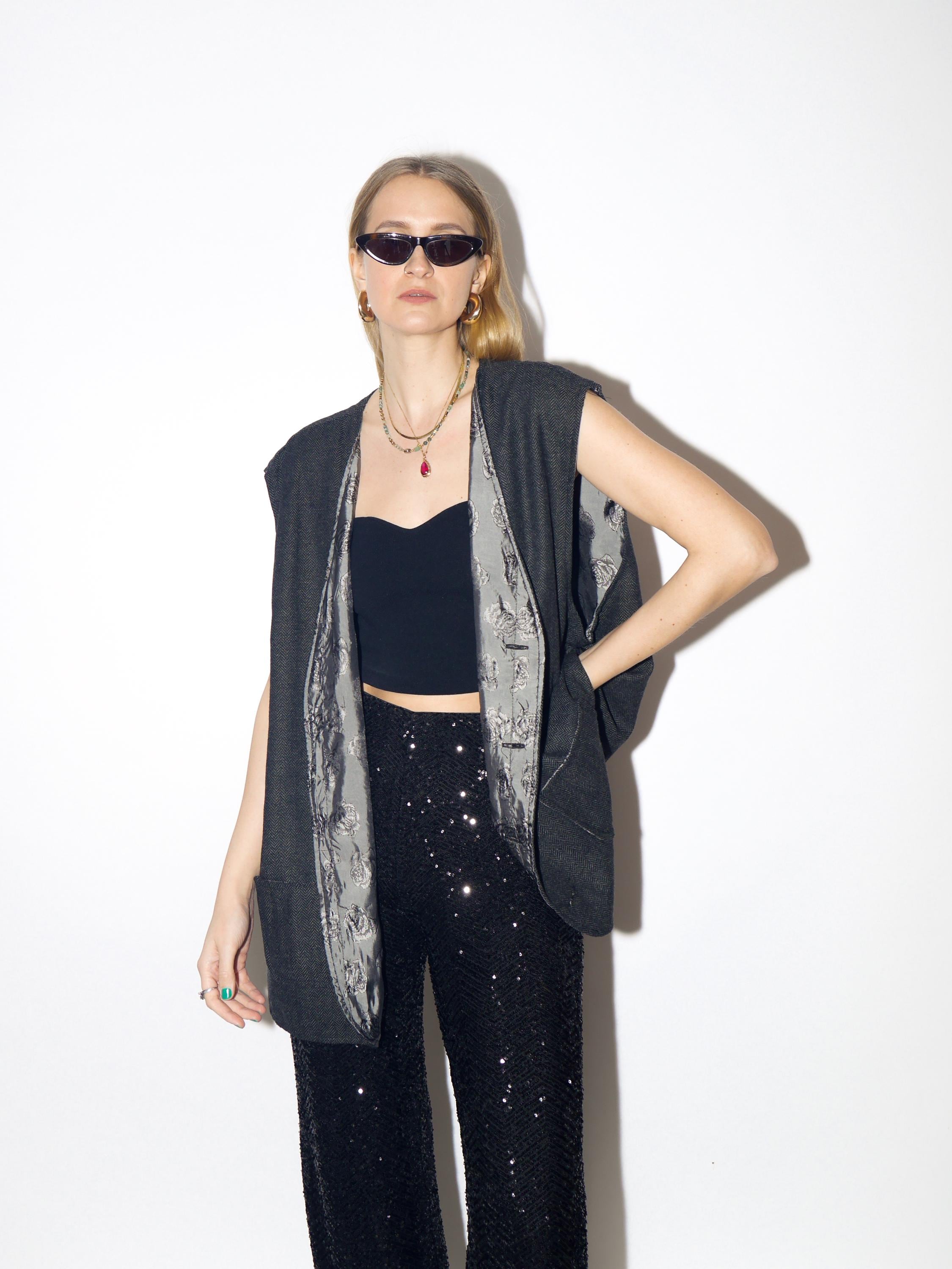 VINTAGE wool gray vest from 1980s in oversize fit with silky viscose lining
