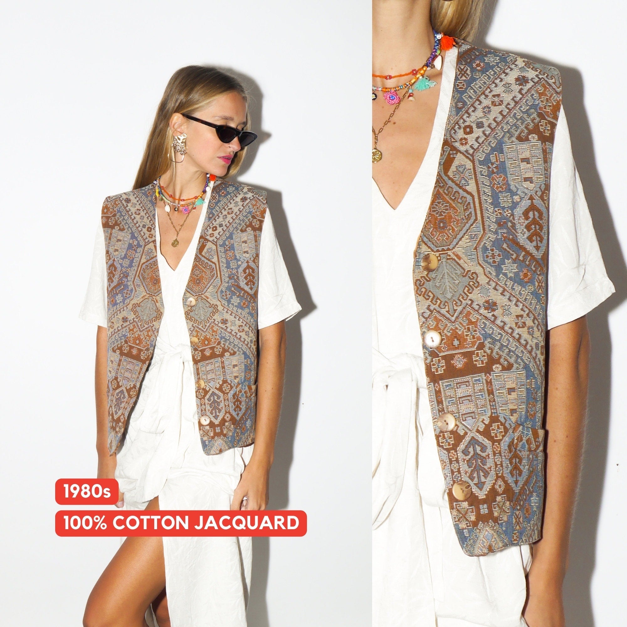 VINTAGE vest 1980s | jacquard cotton vintage vest | Miss Joy vest | cotton oversize vintage vest | retro hippie vest | boho vest | modopol