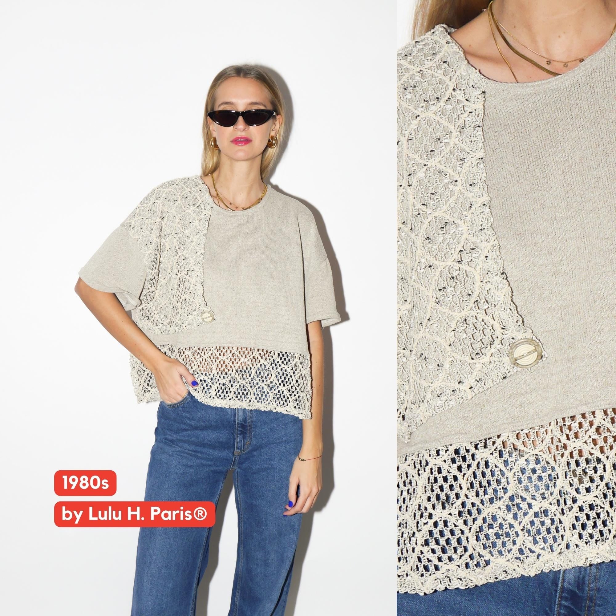 VINTAGE Lulu Paris sweater 1980s | beige crop oversize sweater | stylish short sleeve khaki sweater with openwork details