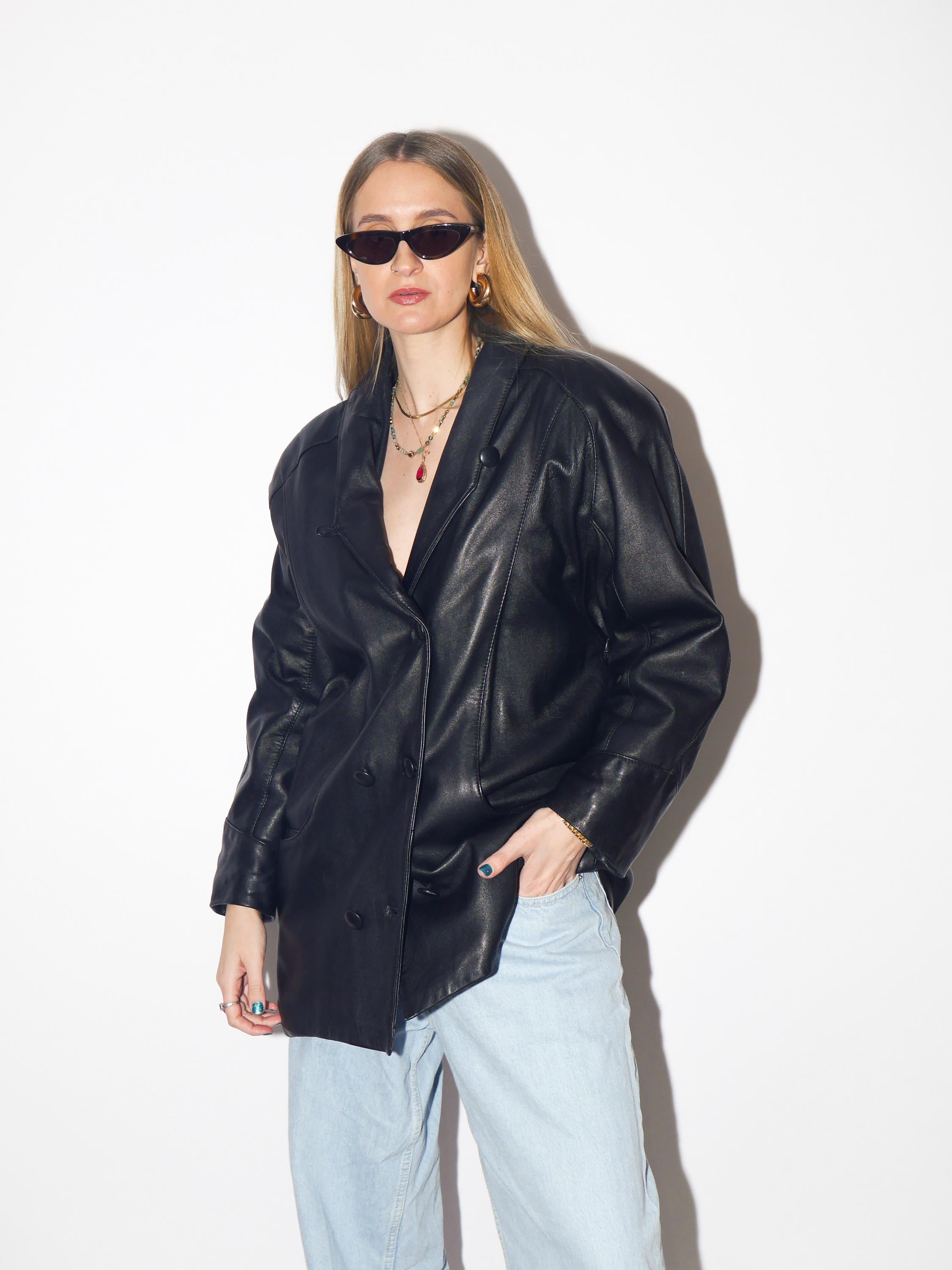 VINTAGE black leather jacket from 1980s | premium soft leather oversize blazer