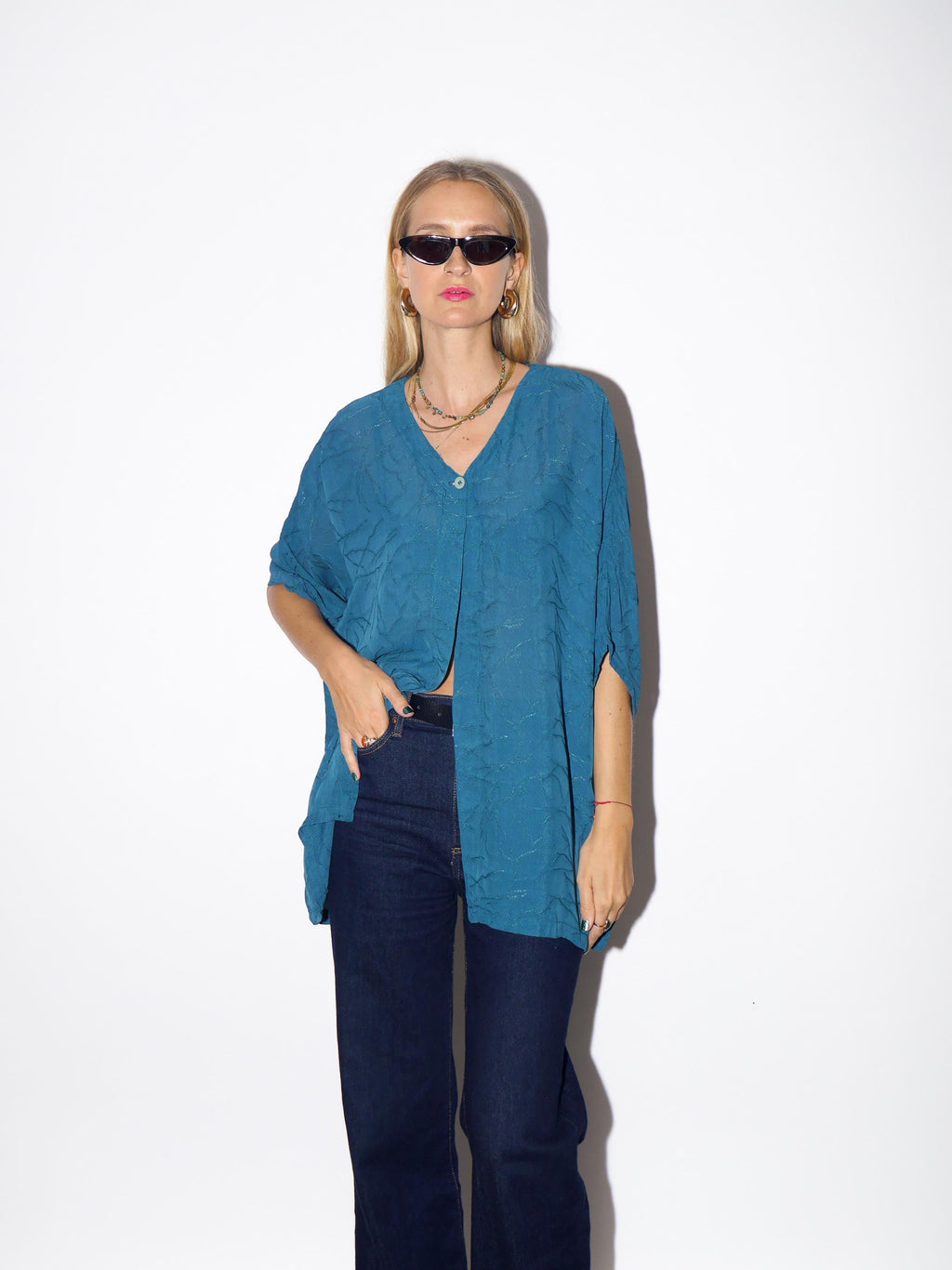 1970s Viscose Blouse - Vintage Turquoise Blue Blouse, Wavy Wrinkled Fabric Shirt, Retro Fashion Clothing for Women