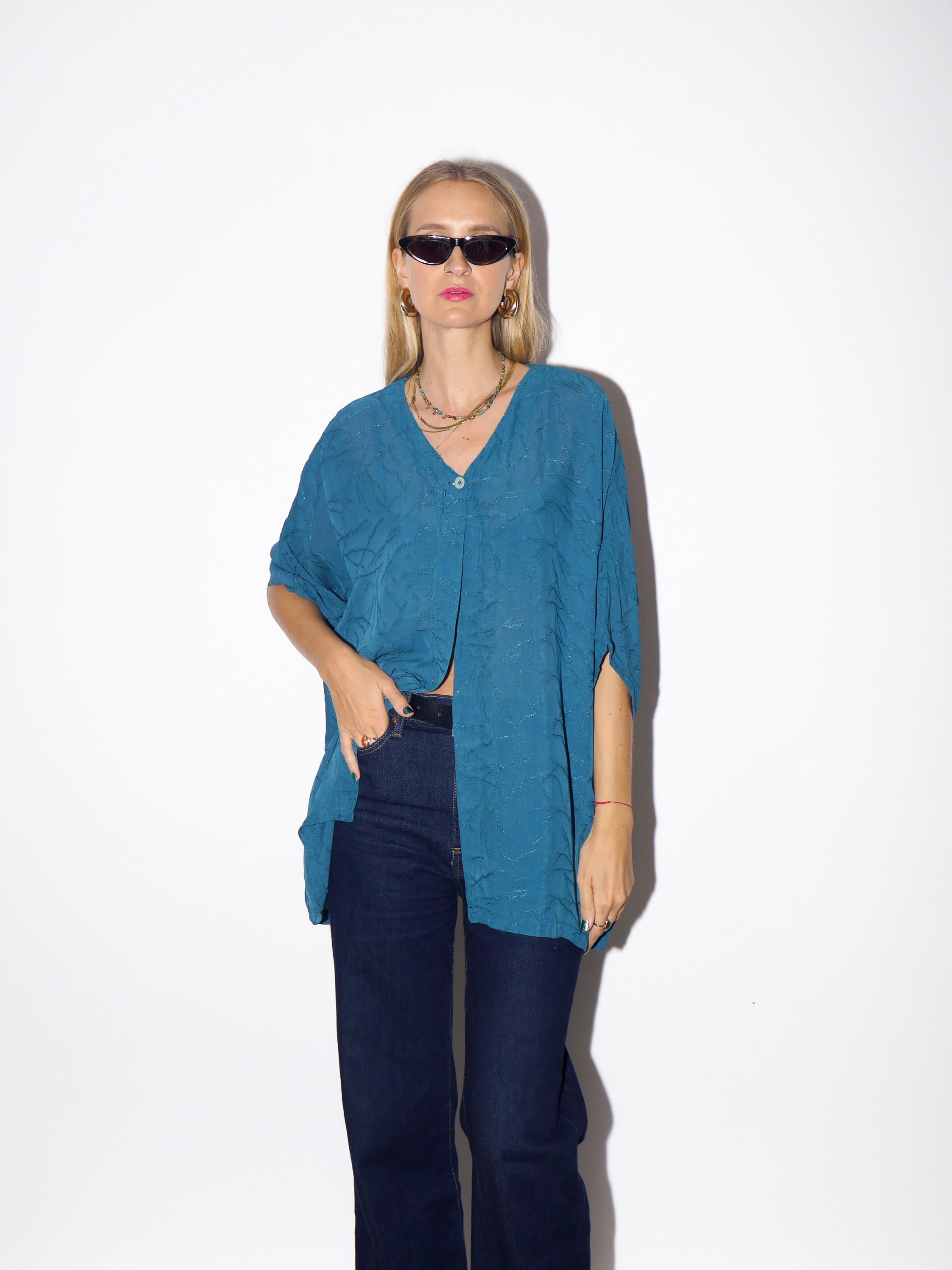 1970s Viscose Blouse - Vintage Turquoise Blue Blouse, Wavy Wrinkled Fabric Shirt, Retro Fashion Clothing for Women