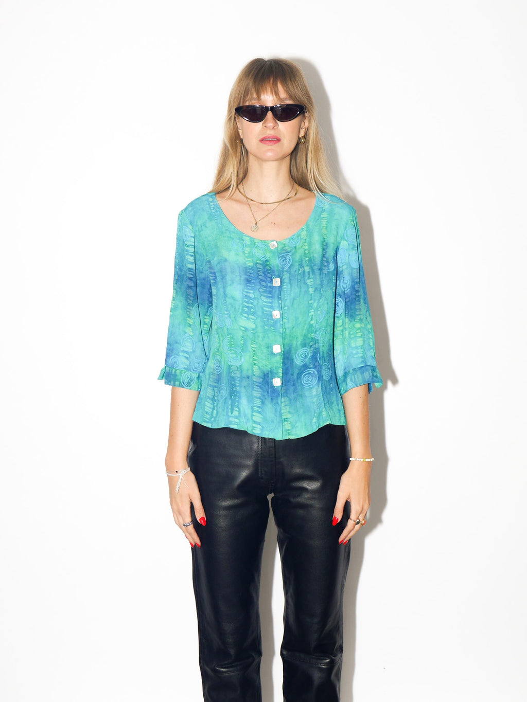 VINTAGE Green And Blue Tie‑Dye Viscose Blouse With Opalised Buttons From The 1980s By Unikat
