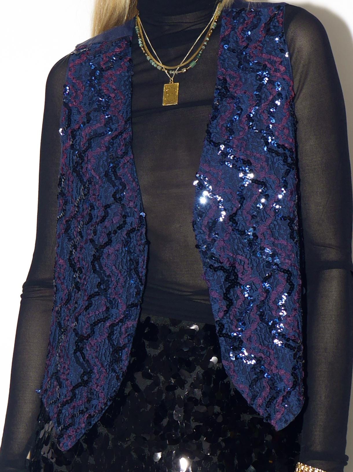 VINTAGE sequins blue vest from 1980s by Yessica® | elegant retro sequins vest