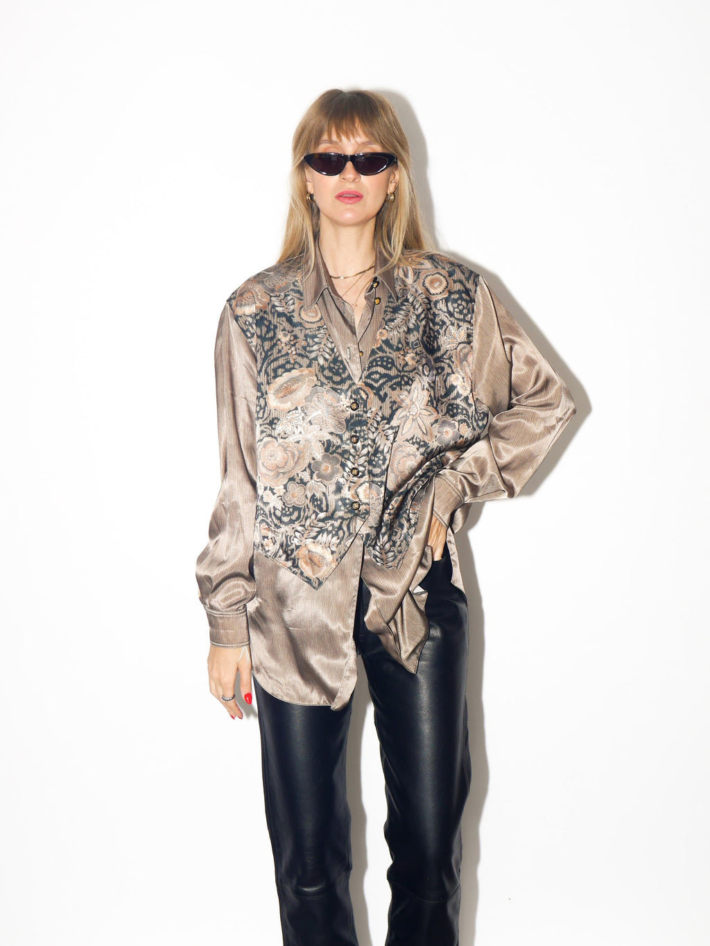 VINTAGE Khaki Gold Floral Animal Print Long Sleeve Blouse From The 1980s By Erfv