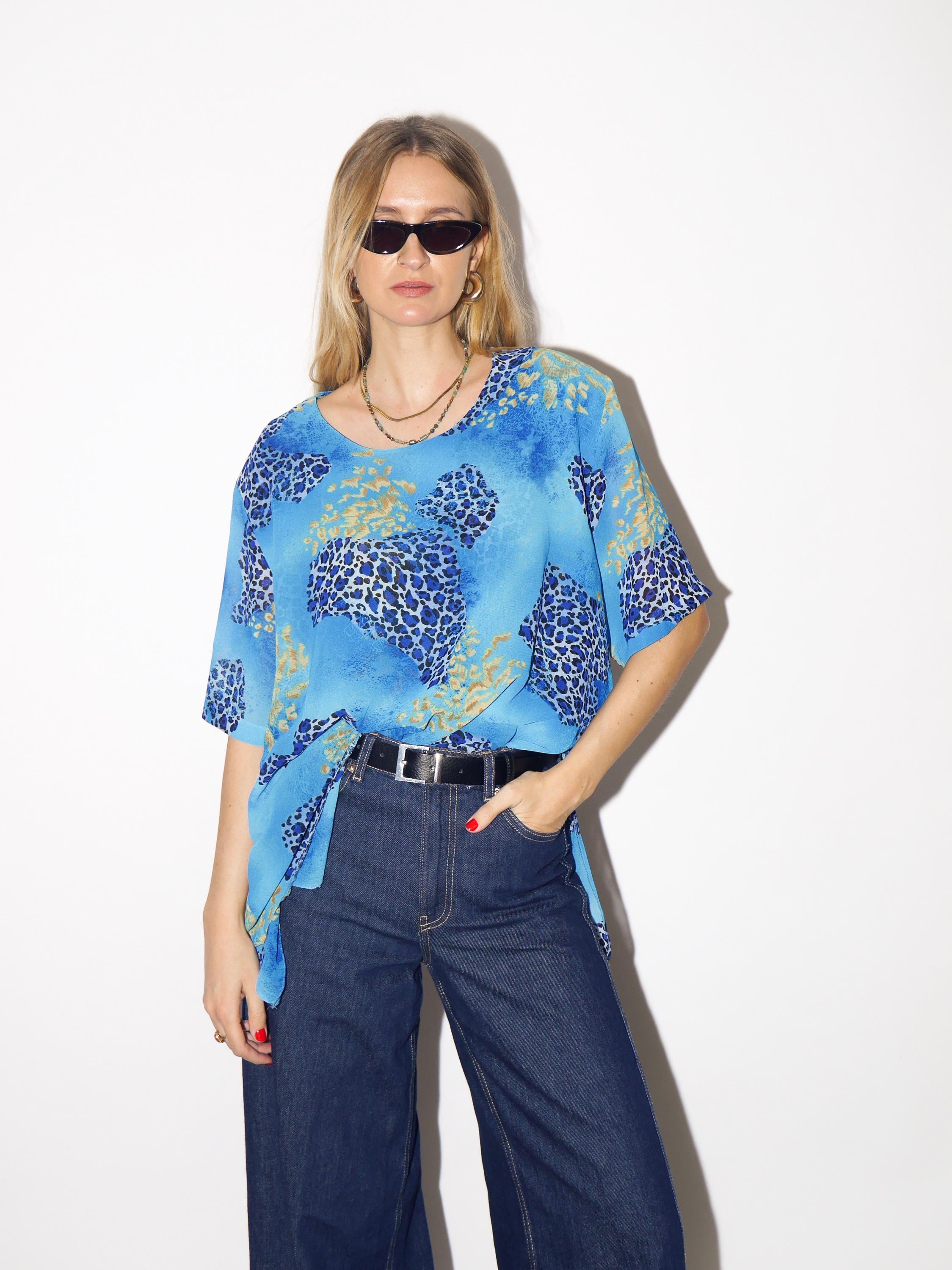 VINTAGE blue cheetah blouse, sheer oversized animal print blouse from 1980s