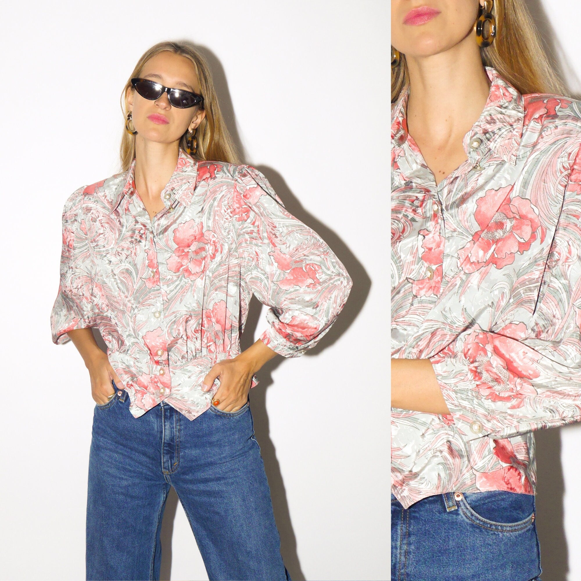 VINTAGE blouse from 80s with peplum in silver and pink floral pattern | feminine buttoned shirt with shoulder pads | modopol