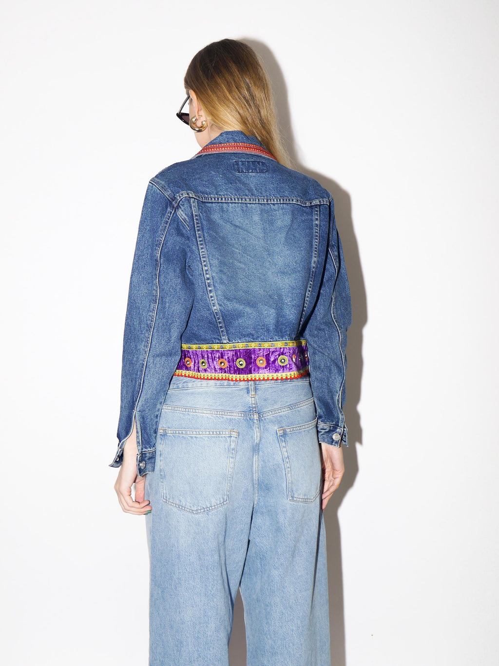 VINTAGE Cropped Jeans Jacket with Hippie Boho Elements from 1990s