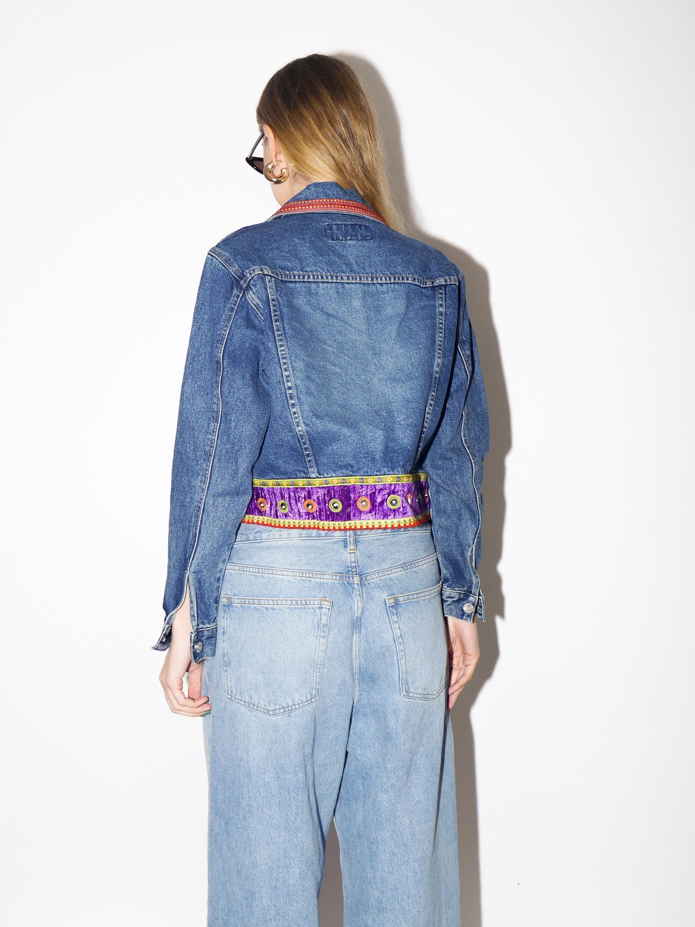 VINTAGE Cropped Jeans Jacket with Hippie Boho Elements from 1990s