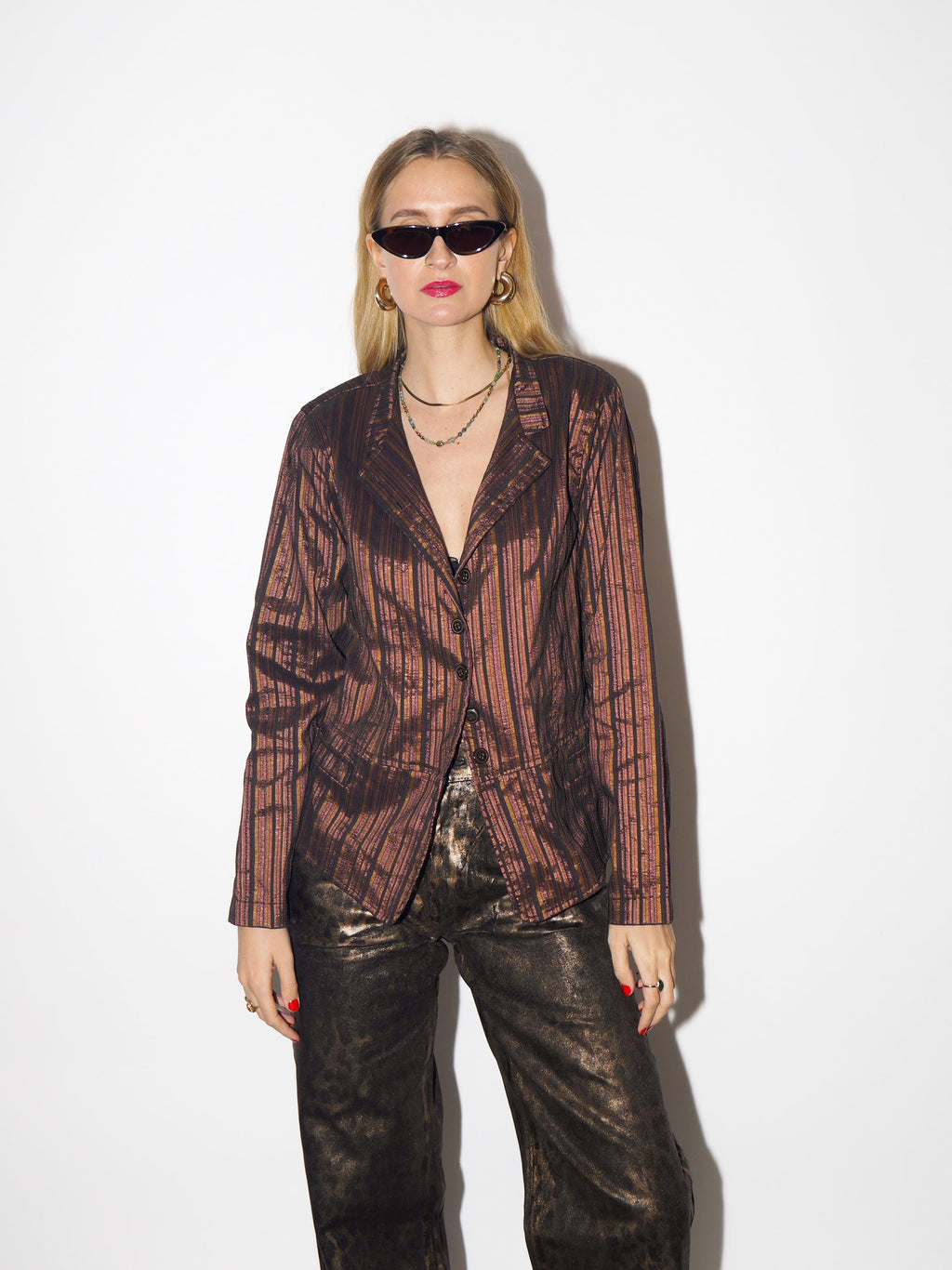 VINTAGE blazer in shiny striped brown cotton fabric from 1980s by JOY®