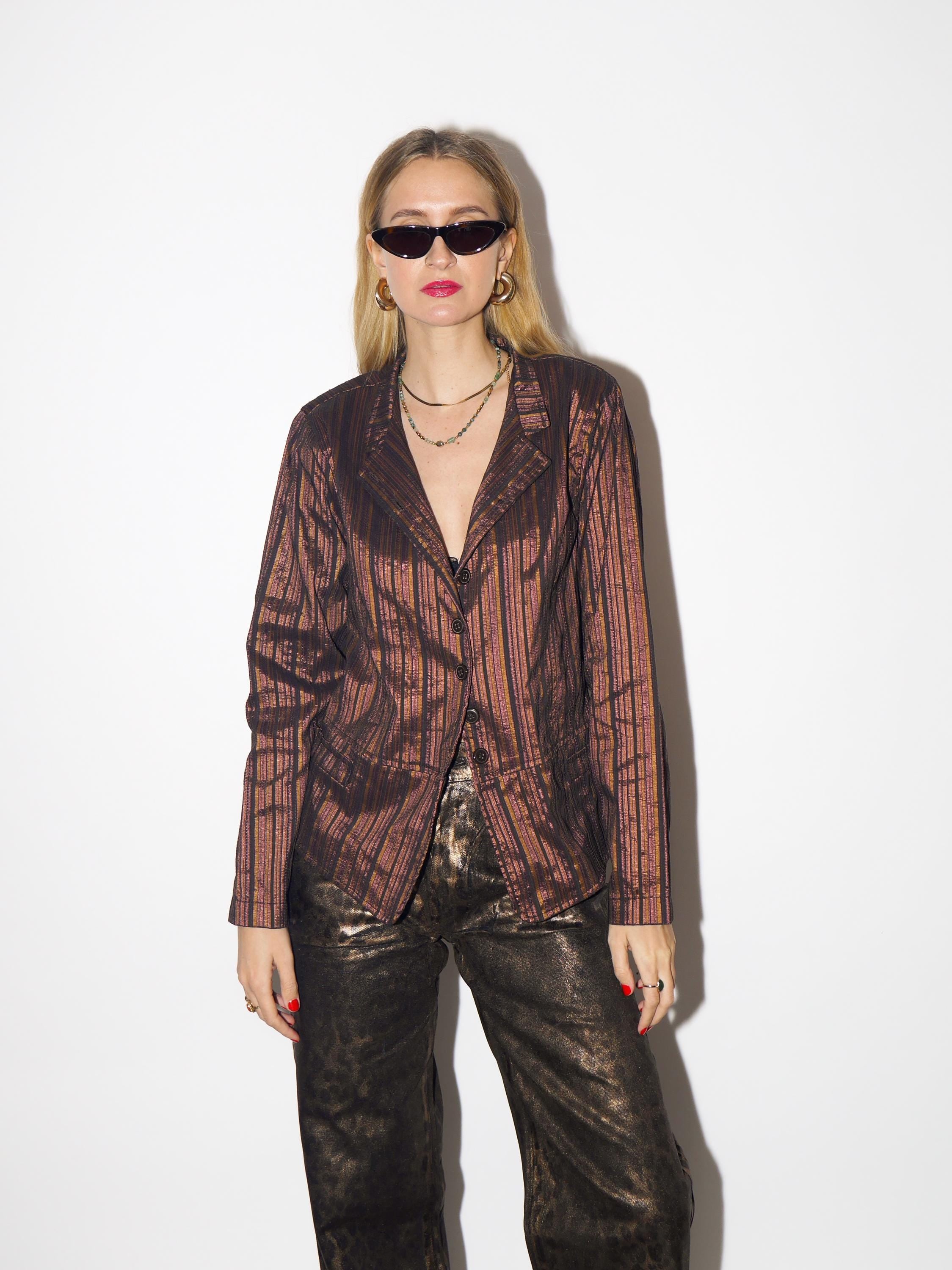 VINTAGE blazer in shiny striped brown cotton fabric from 1980s by JOY®