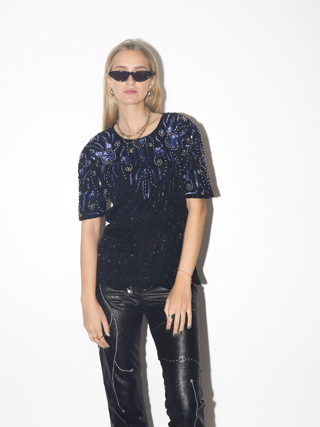 VINTAGE Silk black blouse with sequins from 1980s with short sleeve and beads