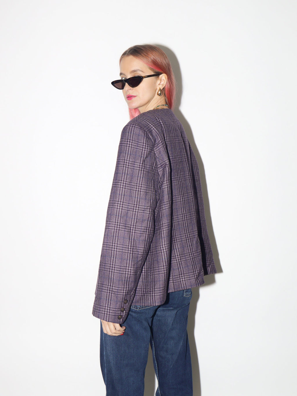 VINTAGE 100% pure new wool blazer 1980s by Equorian Heritage | purple pure new wool blazer | checkered vintage wool blazed