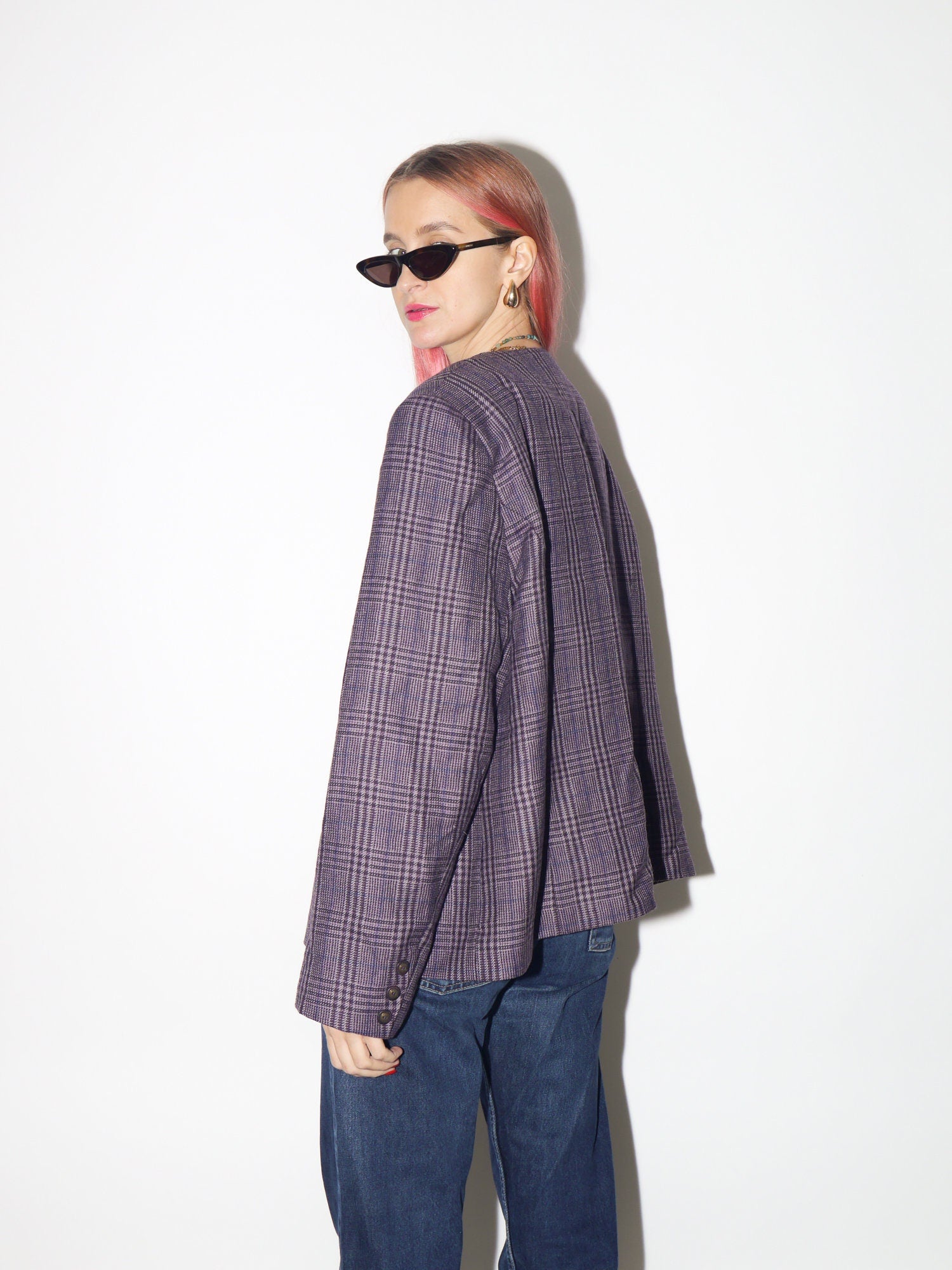 VINTAGE 100% pure new wool blazer 1980s by Equorian Heritage | purple pure new wool blazer | checkered vintage wool blazed