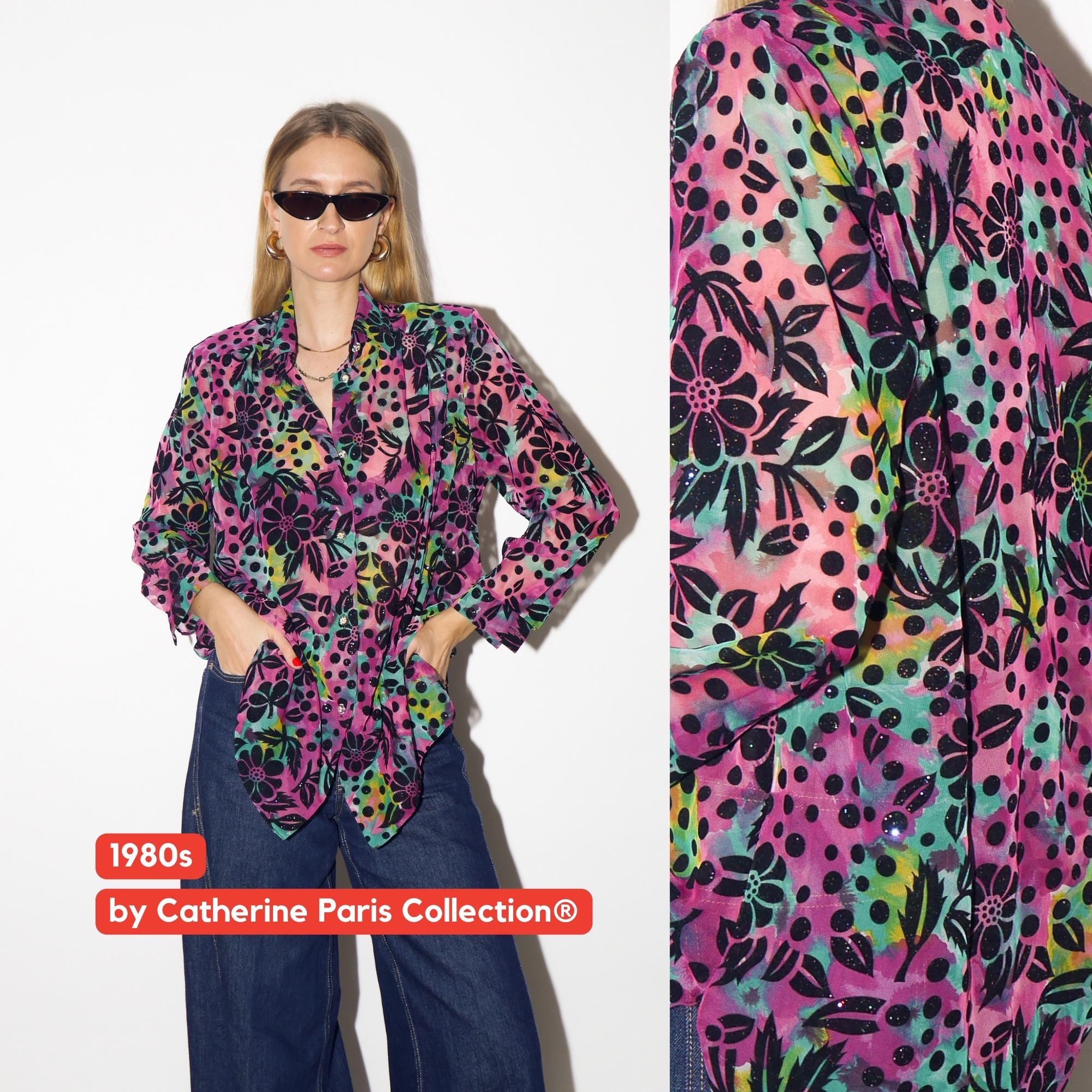 VINTAGE glitter blouse with purple floral pattern and sheer fabric from 1980s