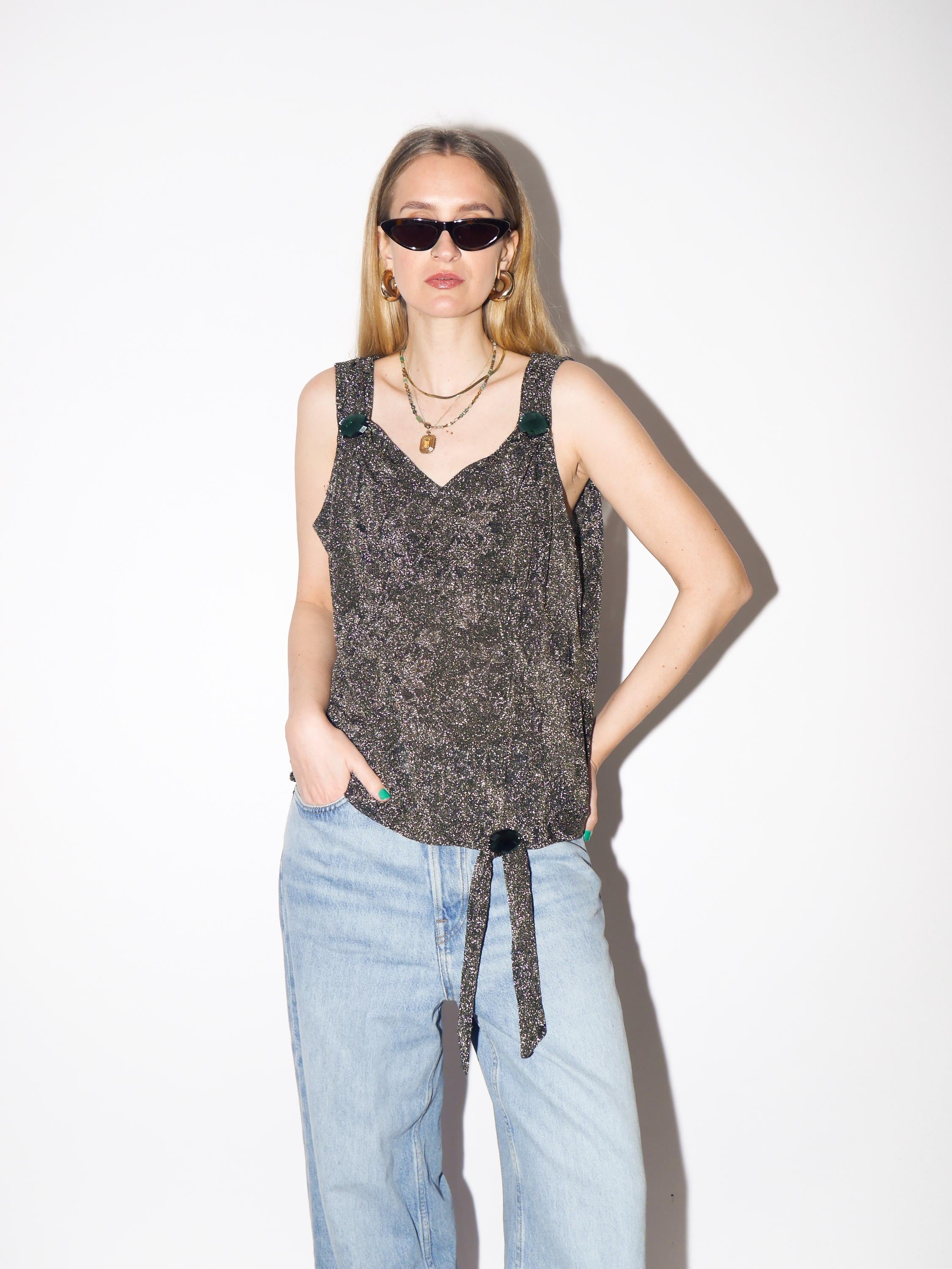 VINTAGE Metallic Glittery Sleeveless Top from 1980s | Retro Gold Silver Blouse