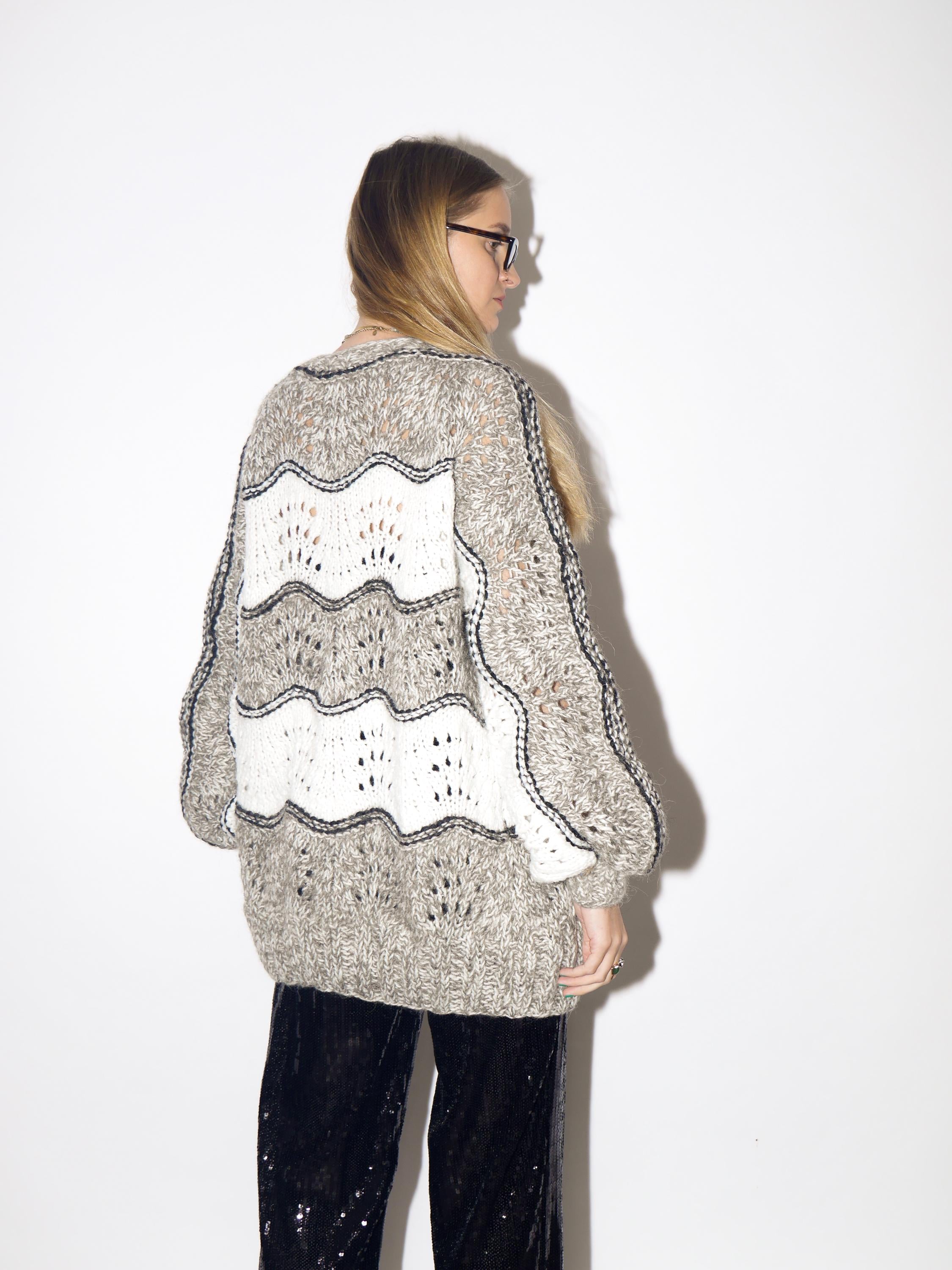 VINTAGE wool handmade sweater from 1980s | handmade white and grey long cardigan