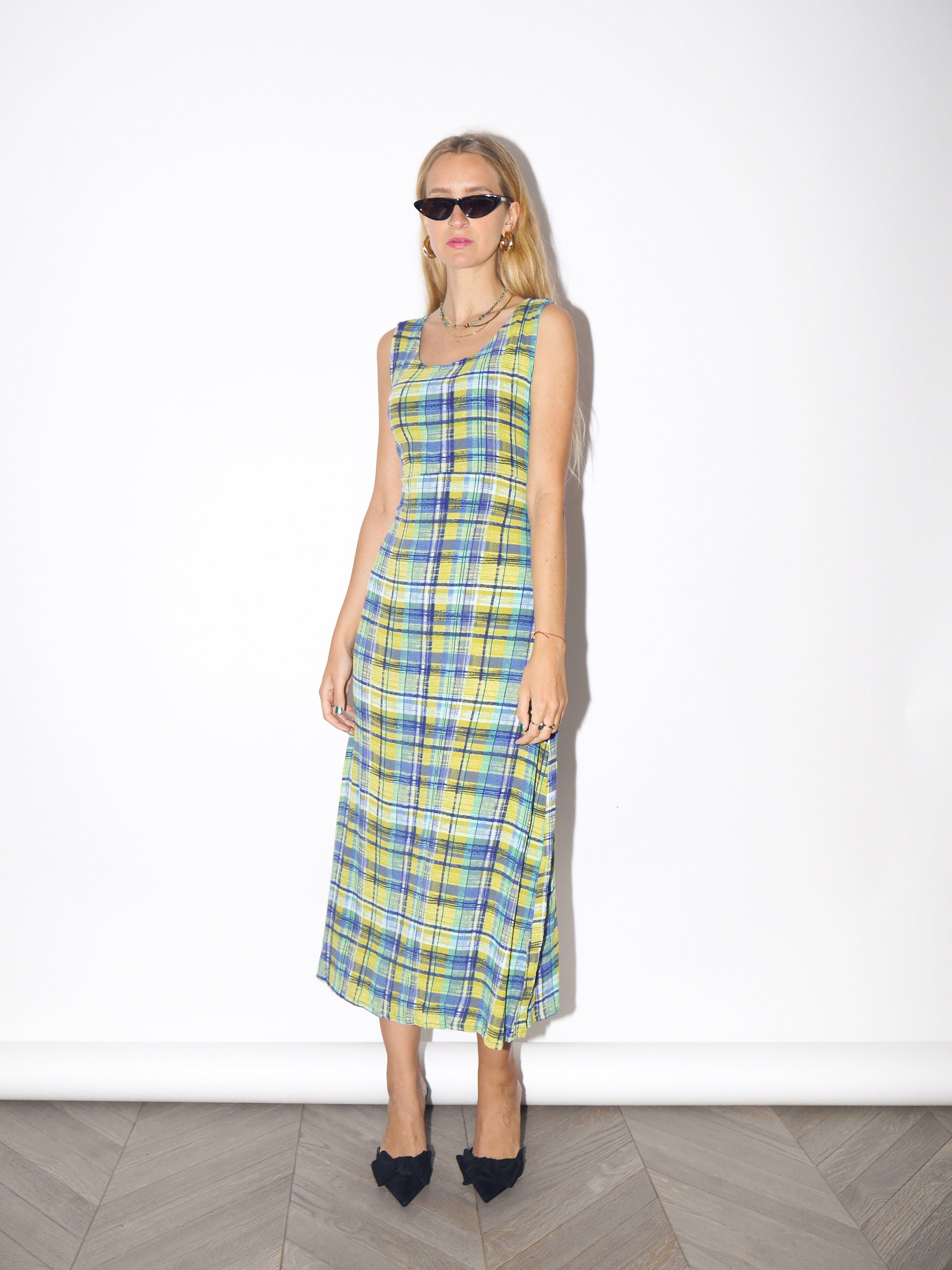 VINTAGE yellow/blue/green checkered dress made from structured elastic material by Blu the blu® from 1980s | retro long dress with back zip