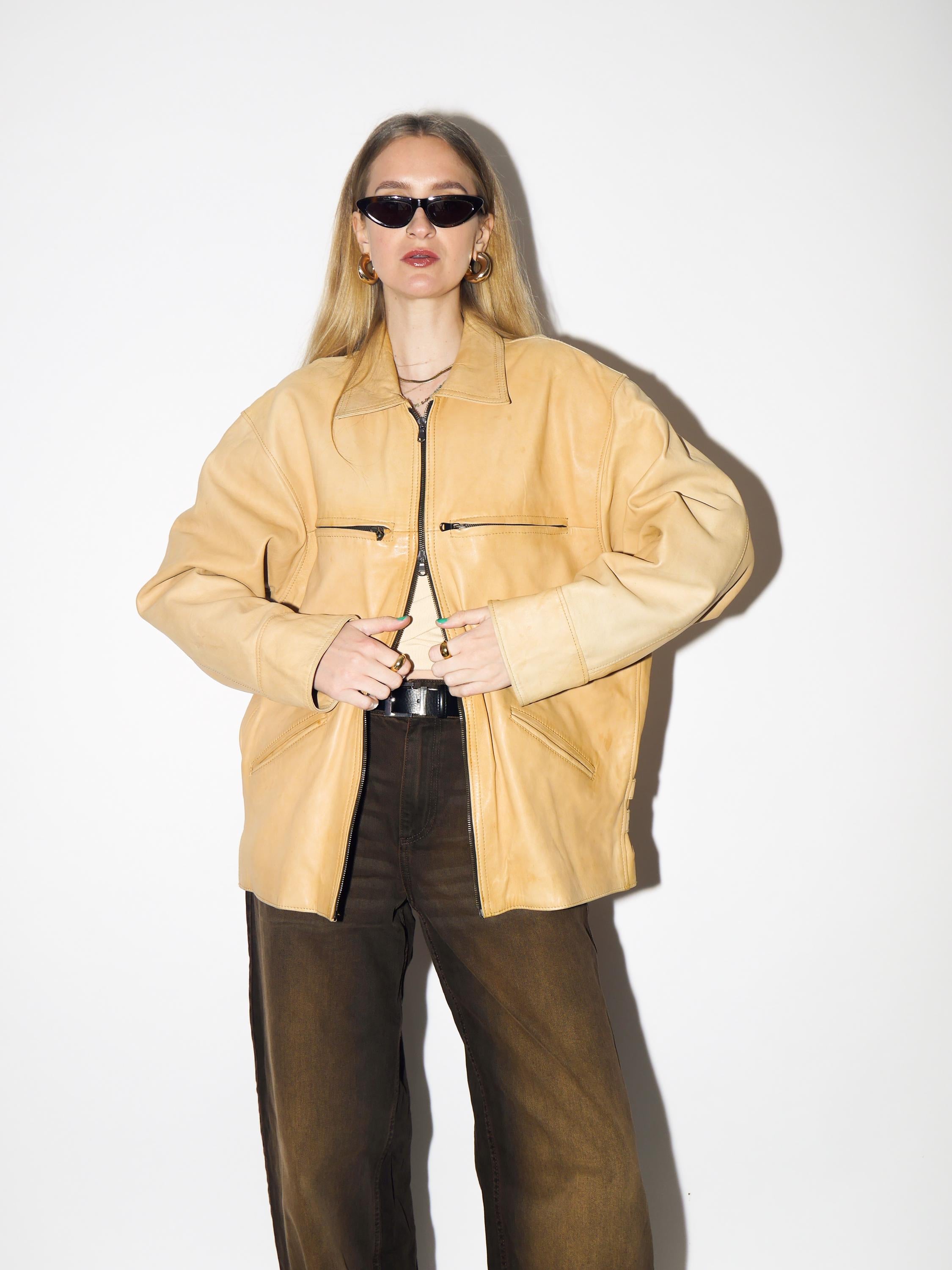 VINTAGE Apricot Leather Jacket from 1990s by Alta Moda® | Oversize Leather Jacket
