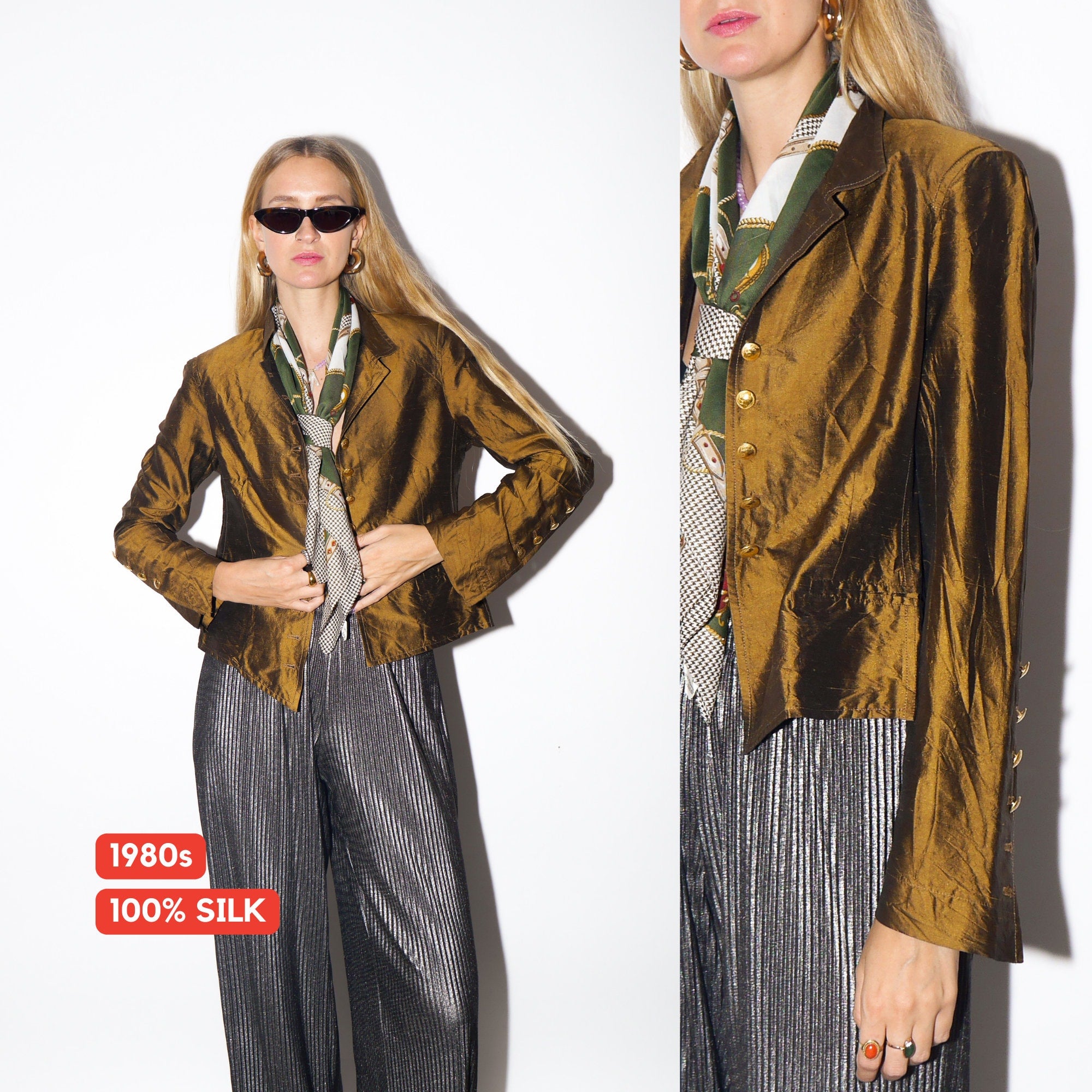 VINTAGE copper light brown 100% Silk asymmetrical shirt with metal decorative buttons by MANUELA San Martin® | premium quality retro shirt