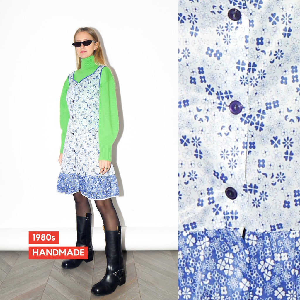 VINTAGE White And Blue Handmade Sleeveless Floral Midi Dress From The 1980s