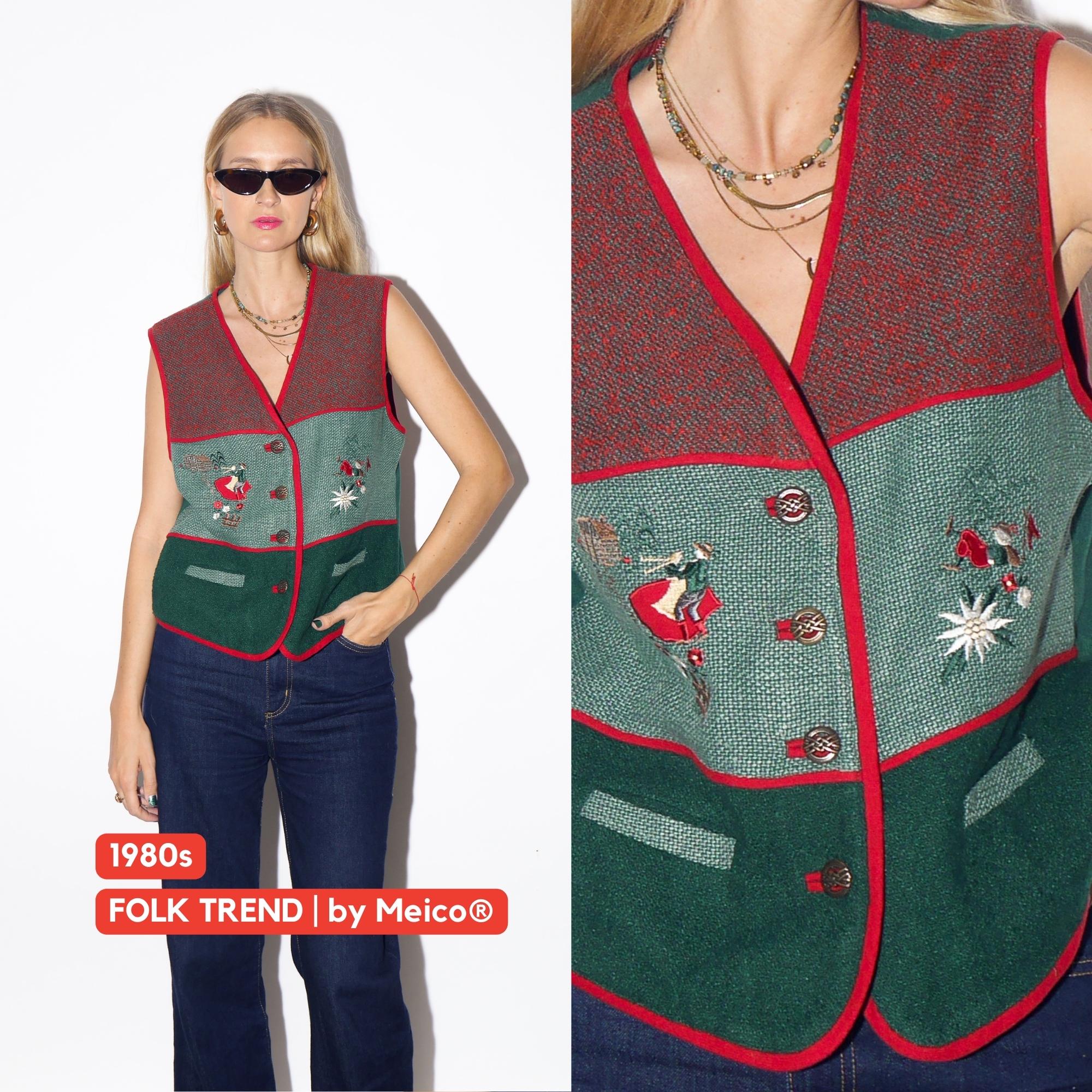 1980s Austrian Folk Waistcoat - Vintage Red/Green Embroidered Wool Vest with Decorative Metal Buttons, Retro Traditional Clothing for Women