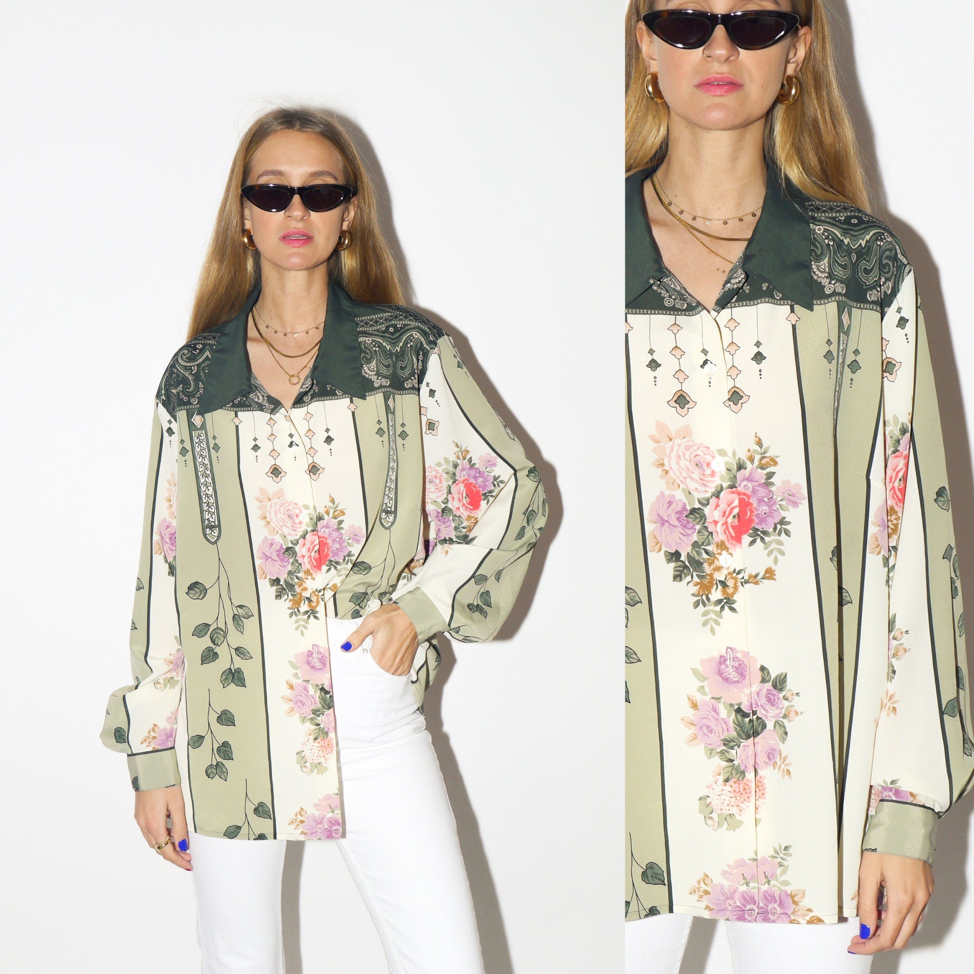 VINTAGE shirt 1980s | Chris B vintage blouse | long sleeve | floral pattern blouse | floral shirt | oversize retro shirt | vintage shirt